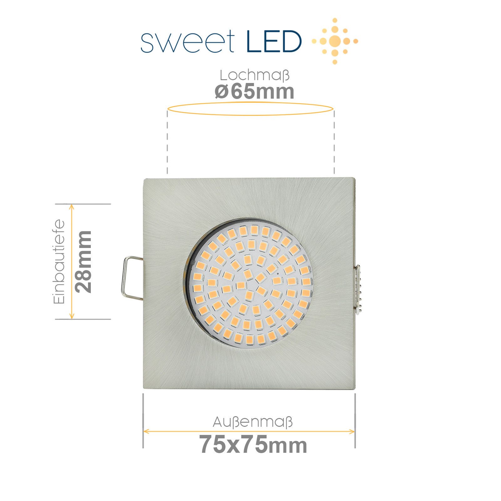 Sweet LED LED Einbaustrahler Eckig Flach 3,5W 230V Chrom LED Einbauleuchte 3000K Deckenspots Ø65–68, 3000K - warmweiß, Deckenspots, Deckenstrahler,Einbauleuchten