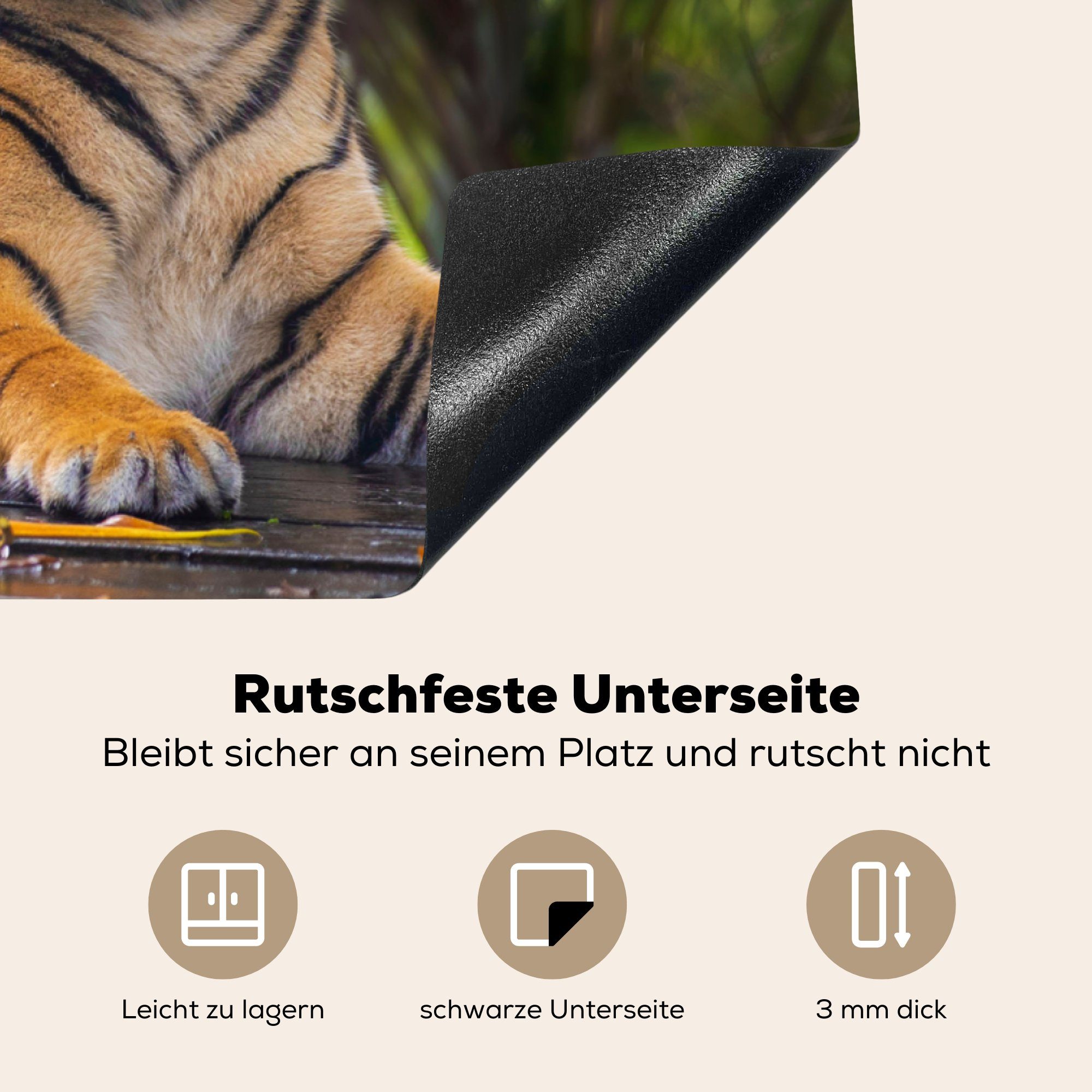 MuchoWow Herdblende-/Abdeckplatte Tiger küche Vinyl, für Ceranfeldabdeckung, - Wald Dschungel, - - tlg), (1 81x52 Arbeitsplatte cm, Tiere