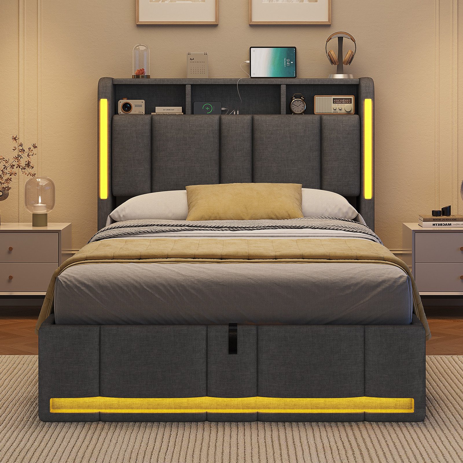 MSMASK Polsterbett 90×200cm, Bett mit Steckdosen & LED Beleuchtung, Stauraum und Kopfteil (Ohne Matratze)