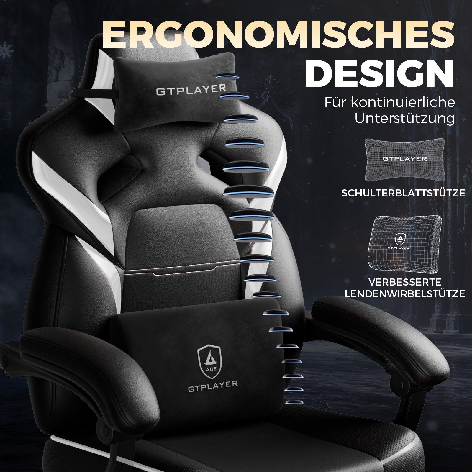 GTPLAYER Gaming-Stuhl Gamer Sessel Gamer Stuhl mit Fußstütze Lendenkissen Kopfstütze, Verstellbaren Armlehnen mit Fußstütze Gamingstuhl 150 Kg Drehbarer