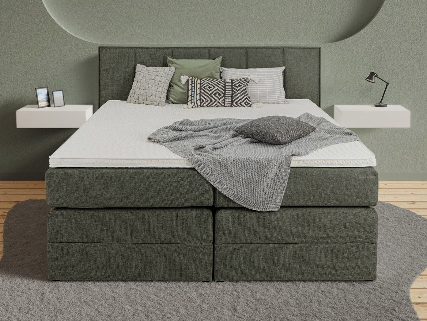 wonello Boxspringbett Marlow, mit Bettkasten und 6 cm Kaltschaum-Topper olive