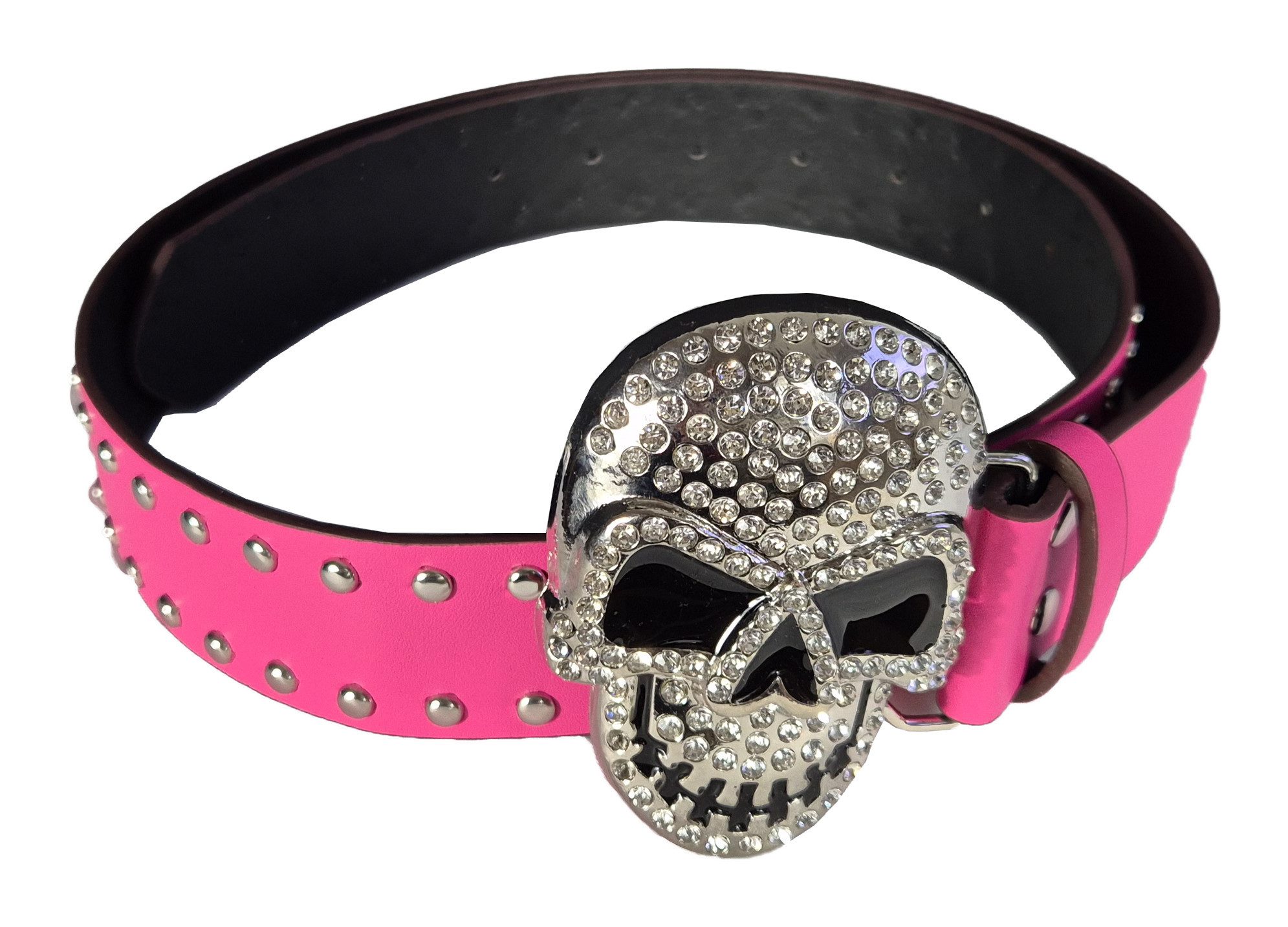 Einkaufszauber Nietengürtel Gürtel Skull Totenkopf mit Strass und Nieten Pink Totenkopf mit glitzernden Strasssteinen