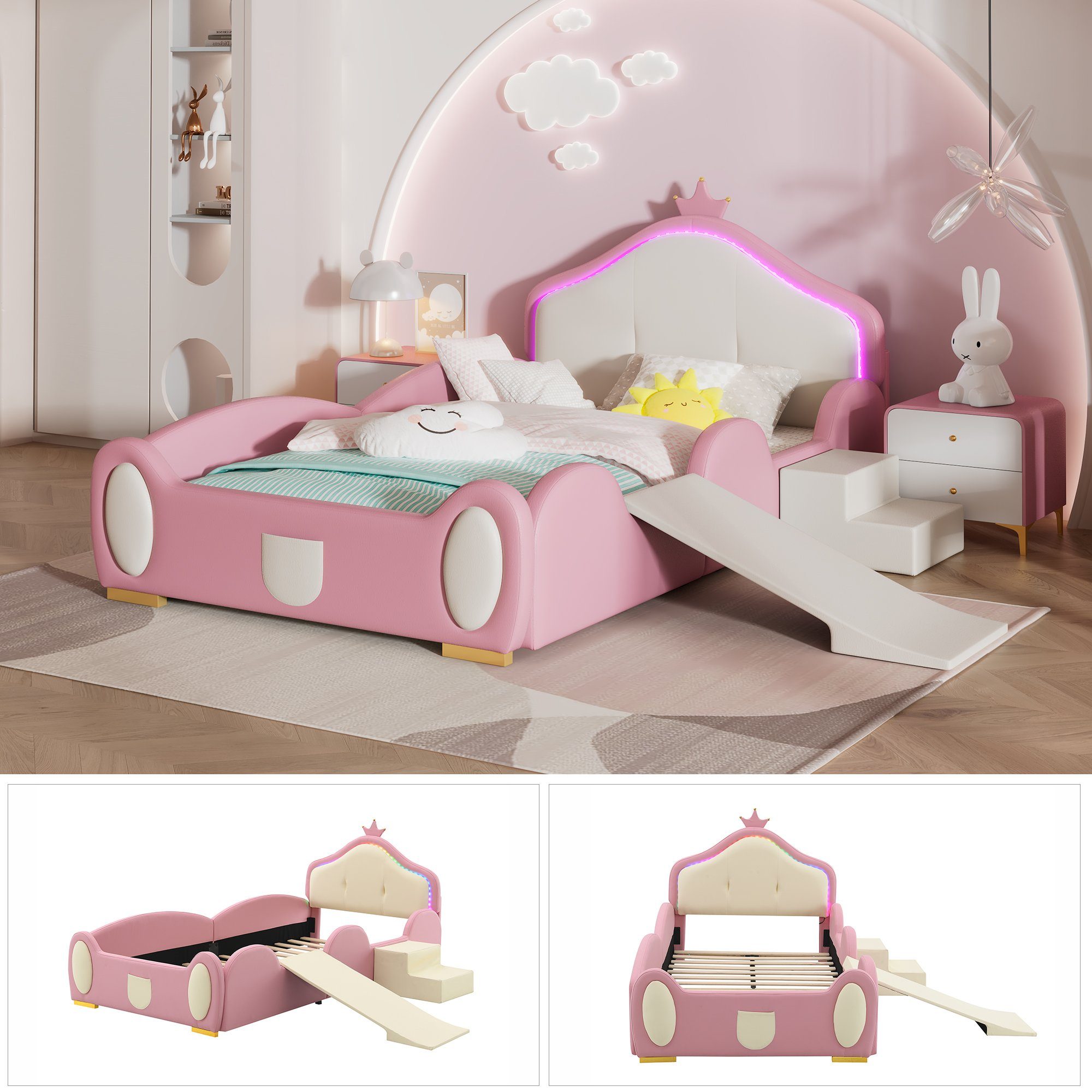 REDOM Kinderbett Polsterbett Bett (mit mehrfarbigem Multi-Mode-LED-Streifen, mit schützenden weichen Kanten, mit Holzlatten, mit kleiner Rutsche und Treppe), Ohne Matratze