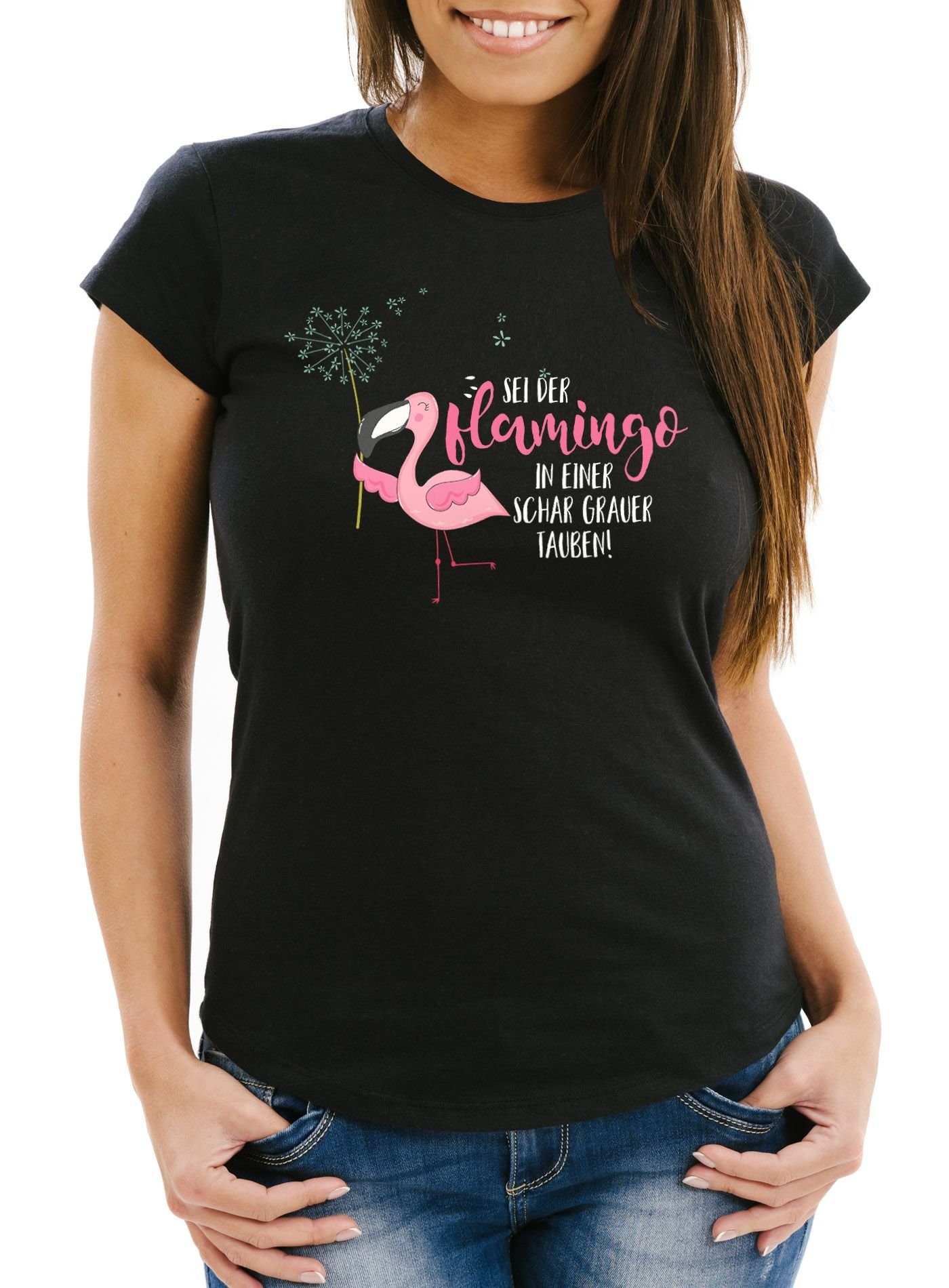 MoonWorks Print-Shirt Damen T-Shirt sei der Flamingo in einer Schar grauer Tauben Slim Fit Spruch Flamingo Pusteblume Moonworks® mit Print schwarz