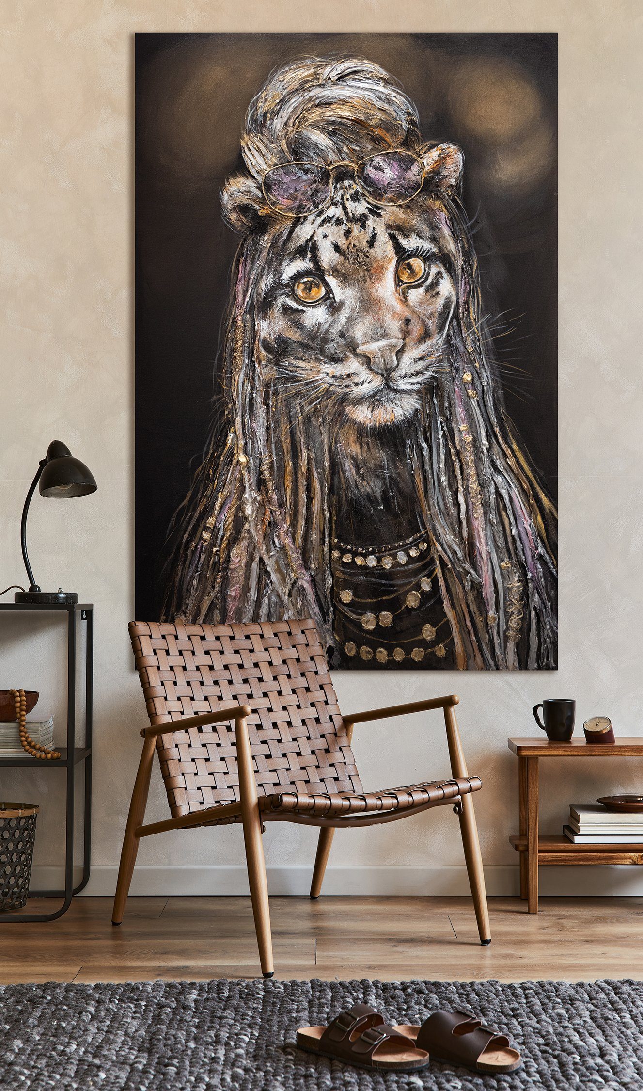 YS-Art Gemälde Leopard Agilität, Tiere, Leinwand Tier Bild Gold Handgemalt