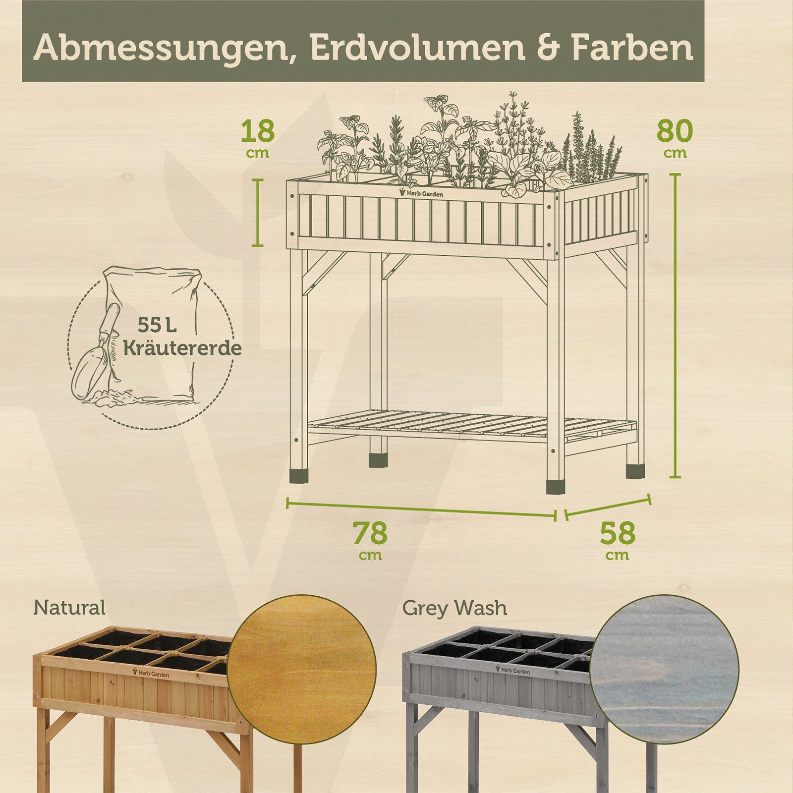VegTrug Kräuterbeet VegTrug® Kräutergarten - mit praktische Kräuterteiler, Pflanztisch als Kräuterhochbeet - 78x58x80cm