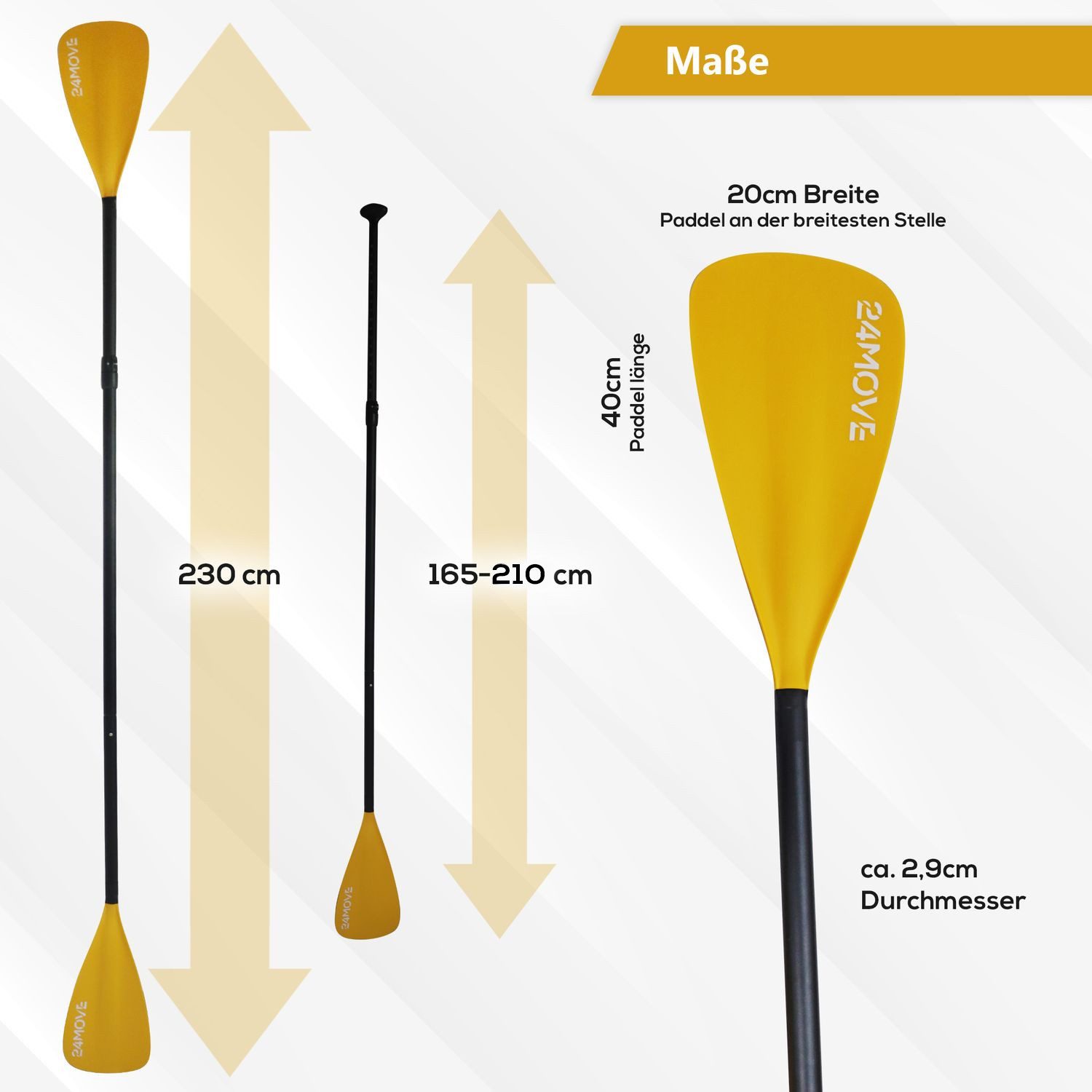 24Move Doppelpaddel, Premium Stand Up Paddle Aluminium, verstellbar, 4-teilig SUP-Paddel, (2 in 1 Paket, als Einzelpaddel oder Doppeltes Paddel, orange), für Paddelboards, Kajakboot und Ruderboot, universell einsetzbar