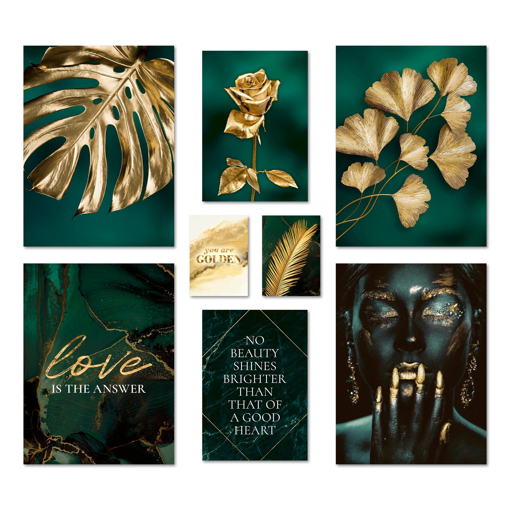 ARTFAVES Bilder-Collage Poster Set Golden Leaves I mehrteilige Bilderwand I Wandbilder Petrol, (Wandbilder modern, 8 St)