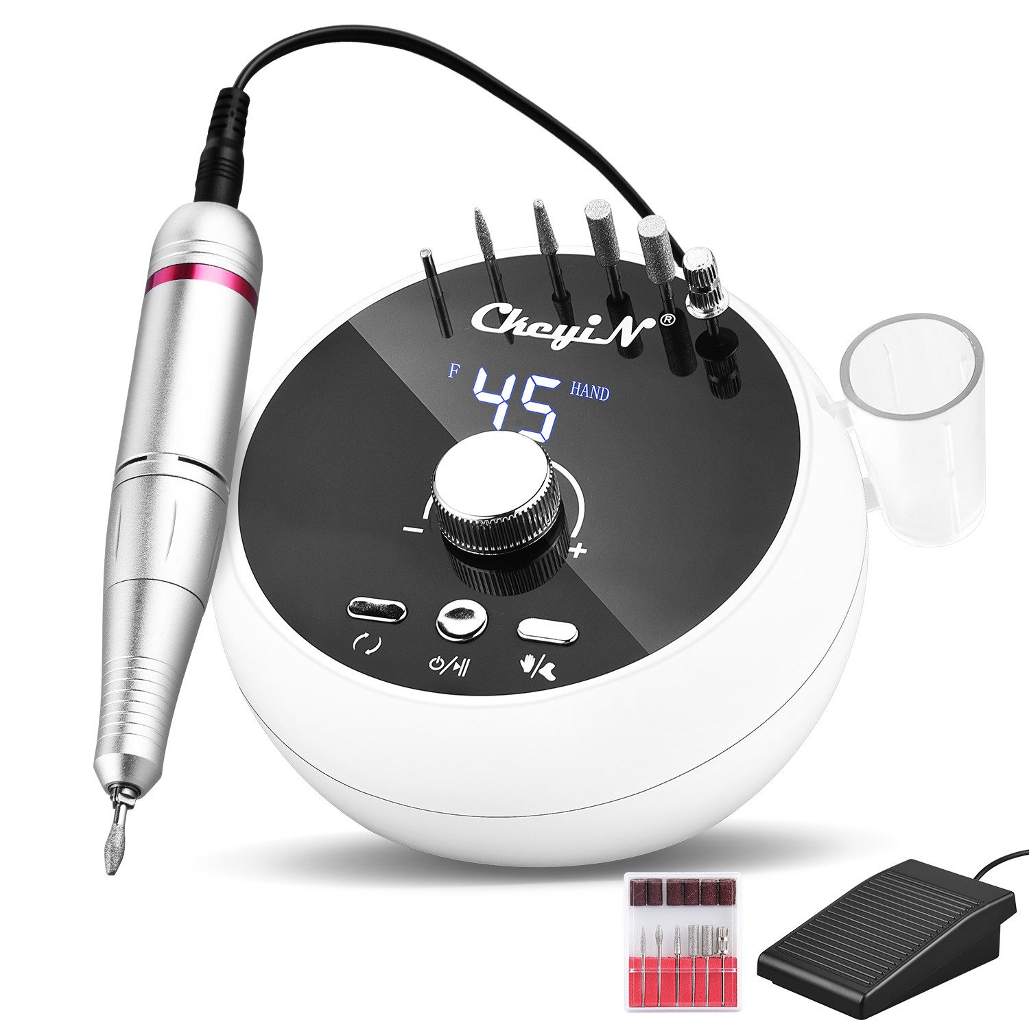 CkeyiN Maniküre-Pediküre-Set Elektrischer Nagelfräser Nagelfeile Set 45000U/min, mit Stufenloser Geschwindigkeitsregler, Fußpedal, 12 Zubehören