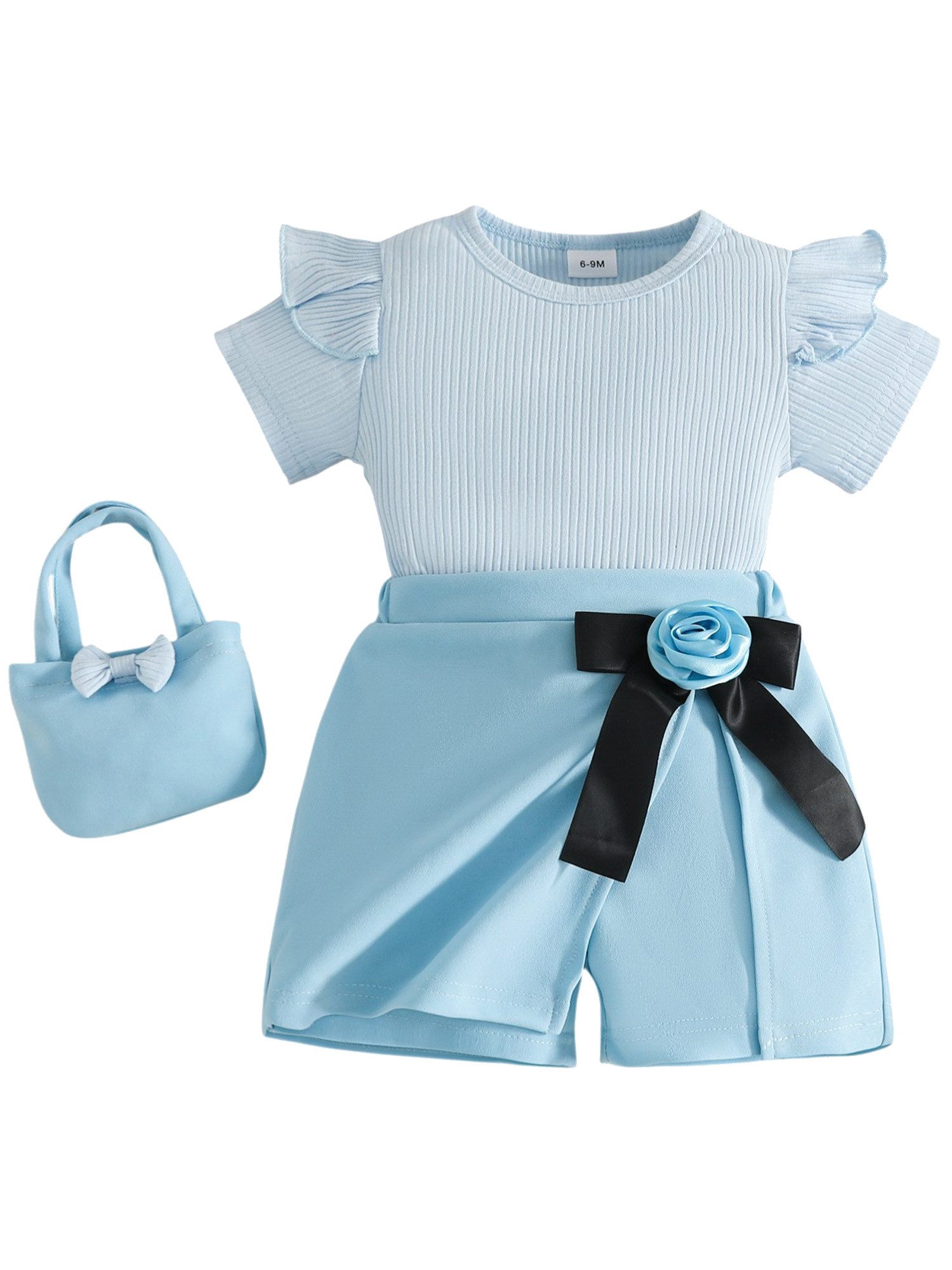 Lapastyle Top & Shorts Mädchen Baby Sommer Set, Alltagskleidung, Partyoutfits, Festtagssets (Set, 3-tlg) Oberteil mit Rüschen, Shorts Skirt mit Blumen-Schleifen, Handtasche