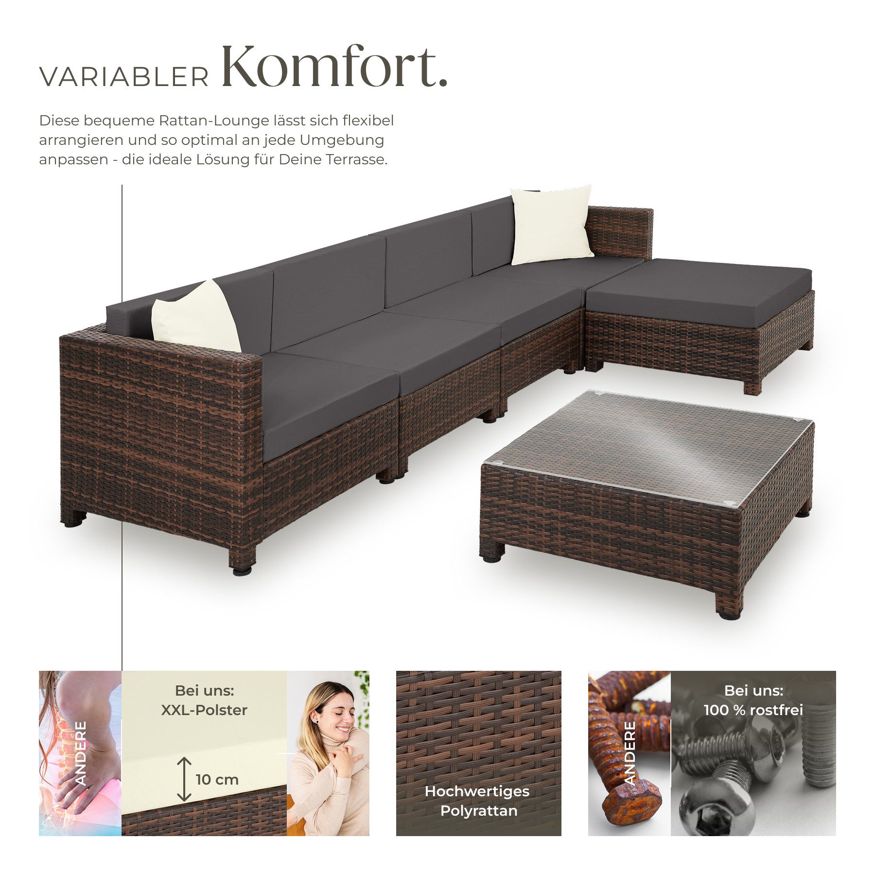 tectake Loungeset Rattan Lounge, (Set., 6-tlg), Weiche Sitzpolster, 10 cm dick, abnehmbar, hoher Komfort