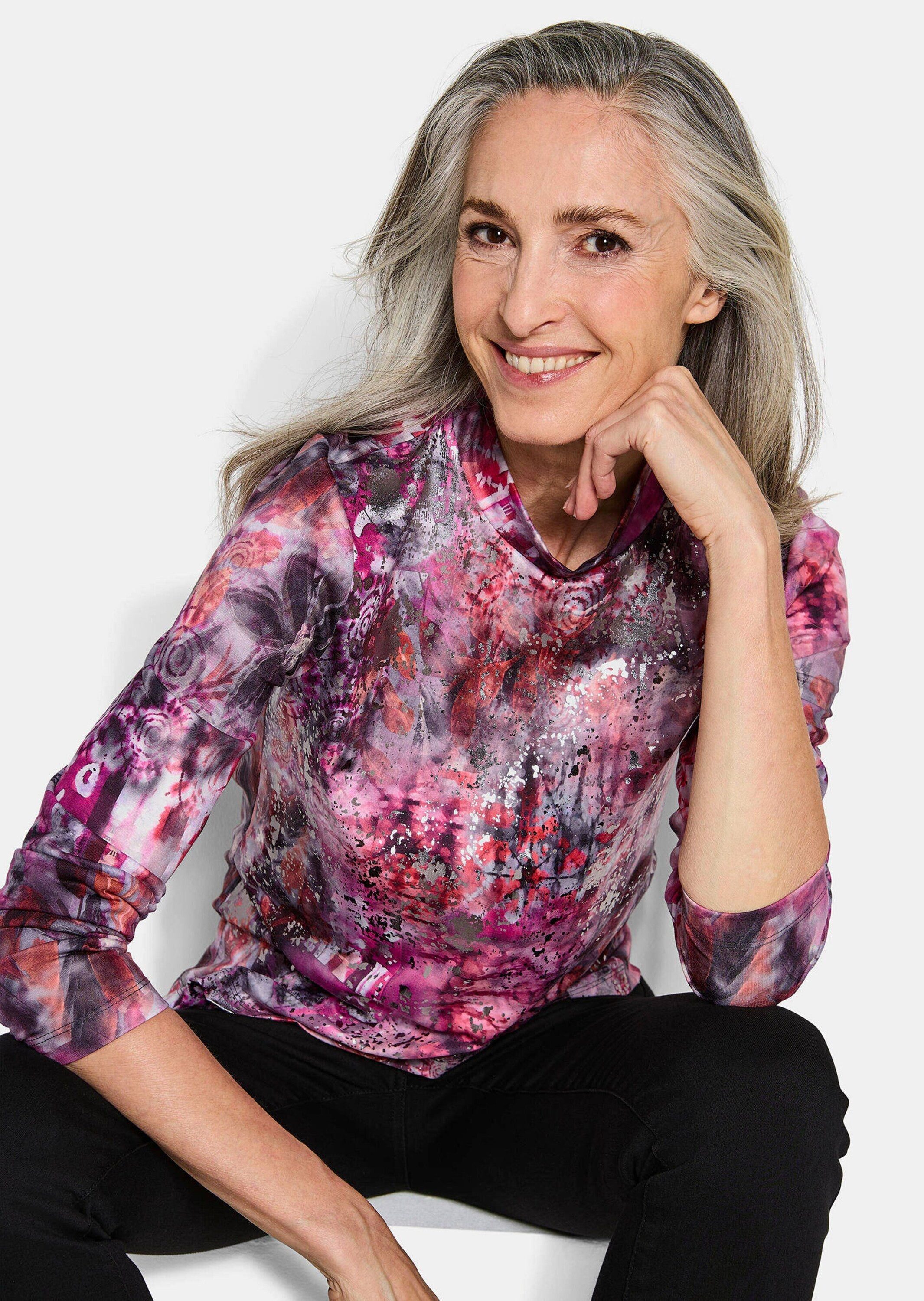 GOLDNER Print-Shirt Langarm Jersey-Shirt mit Allover-Druck Druckshirt mit Stehbundkragen und Langarm