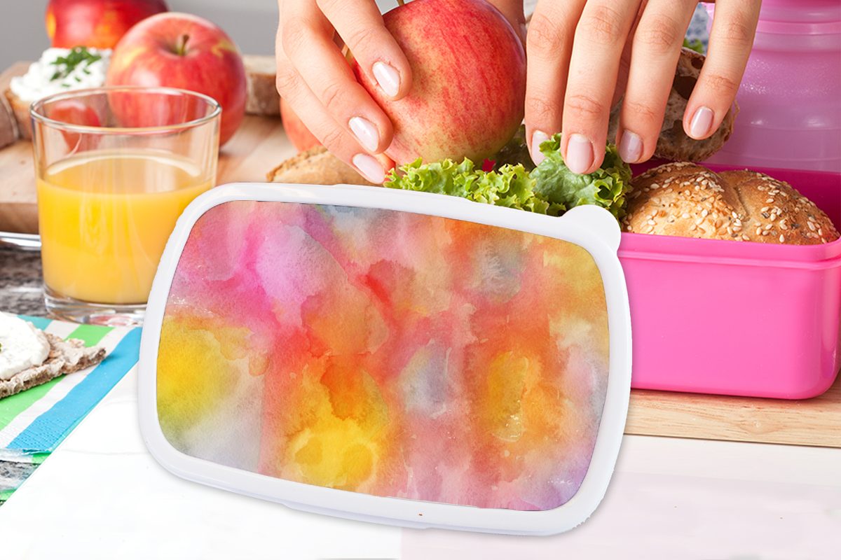 Brotbox (2-tlg), Snackbox, Orange, Kunststoff, Kinder, - Lunchbox - Mädchen, Aquarell Gelb Rosa Kunststoff - für Erwachsene, Brotdose MuchoWow