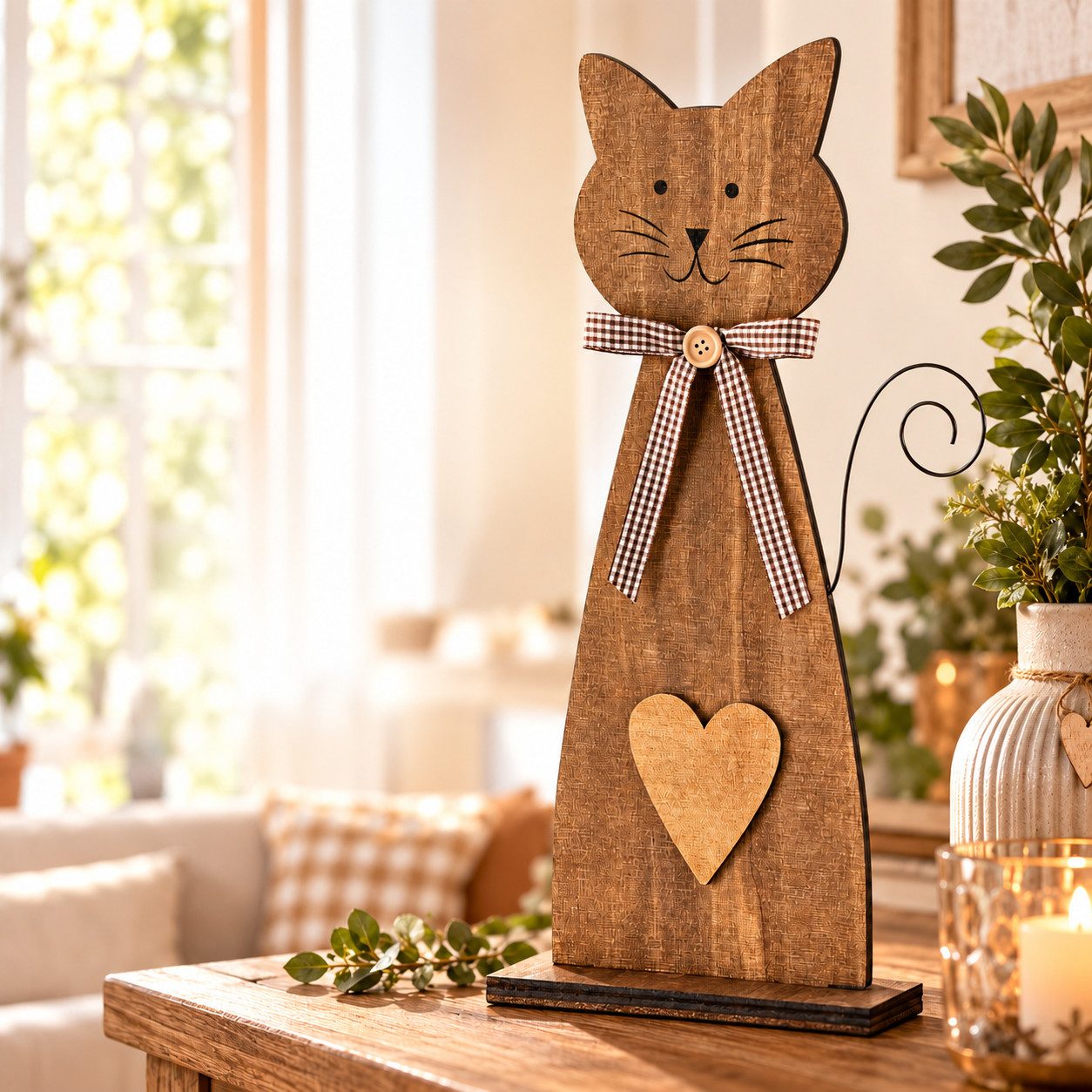 Weltbild Dekofigur Dekofigur Katze Holz 45 cm Katzenfigur Holzfigur Tierfigur Dekoration, Katzen Deko Wohnaccessoire Tischdeko Wohndeko Figur Weihnachtsdeko