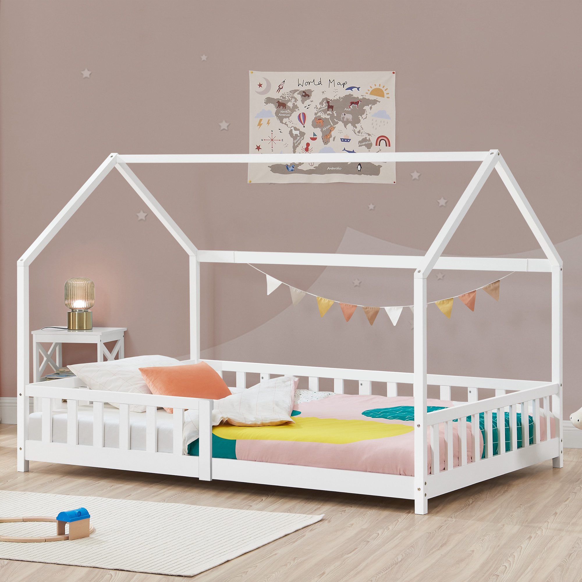 en.casa Hausbett, »Hesel« Montessori Bett Kiefernholz Weiß 90 x 200 cm