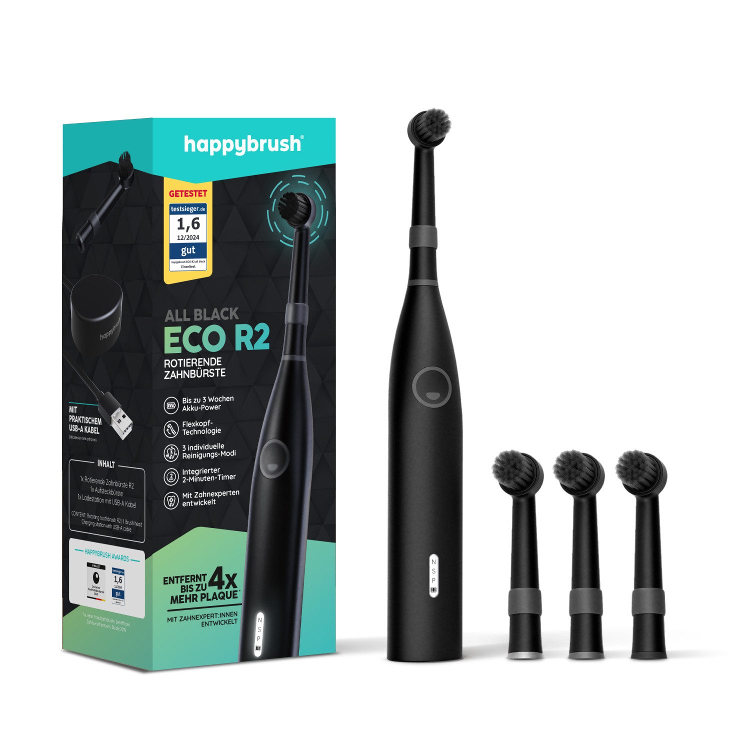 happybrush Elektrische Zahnbürste Eco R2 AllBlack - 100 Tage Probeputzen - 3 Wochen Power Akku, Aufsteckbürsten: 4 St., Eco R2, LED-Display, 3 Putzmodi, Soft-Touch, Travel-Lock