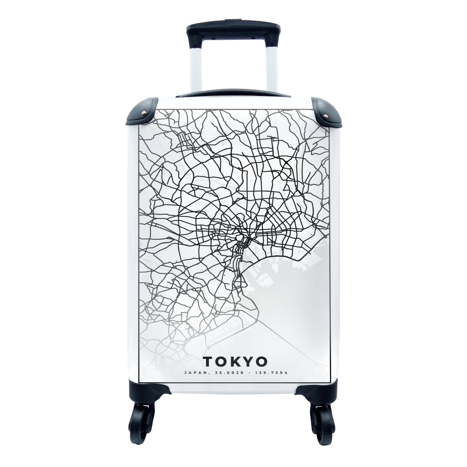 MuchoWow Handgepäckkoffer Tokio - Stadtplan - Schwarz und weiß - Karte, 4 Rollen, Reisetasche mit rollen, Handgepäck für Ferien, Trolley, Reisekoffer