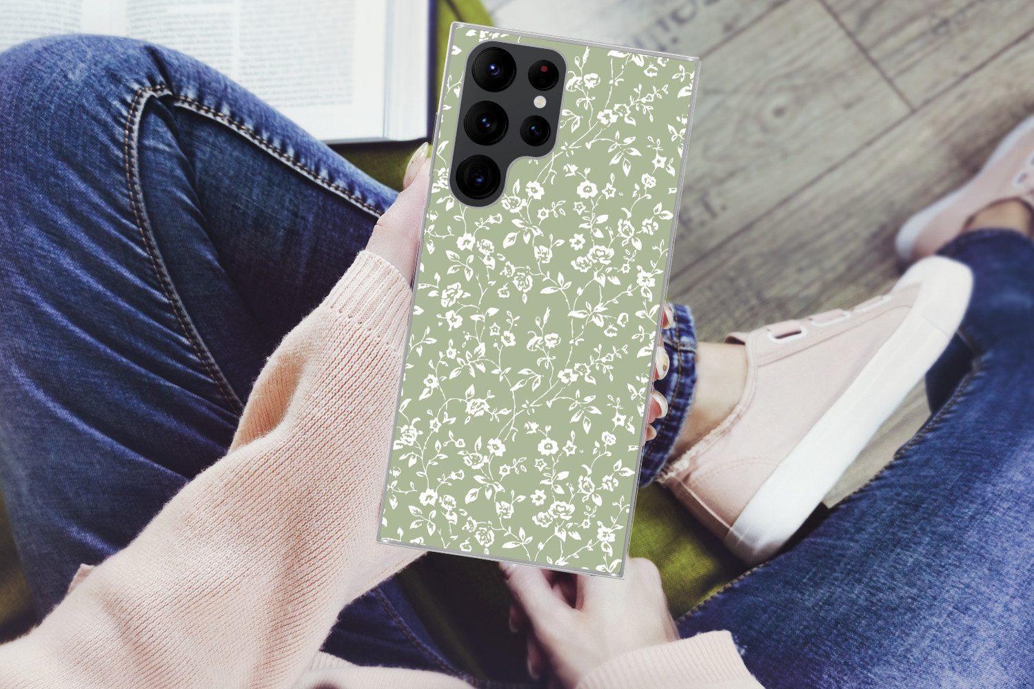 MuchoWow Handyhülle für Samsung Galaxy S22 Ultra Blumen - Druck - Grün - Weiß, Phone Case, Silikon, Schutzhülle Dünn