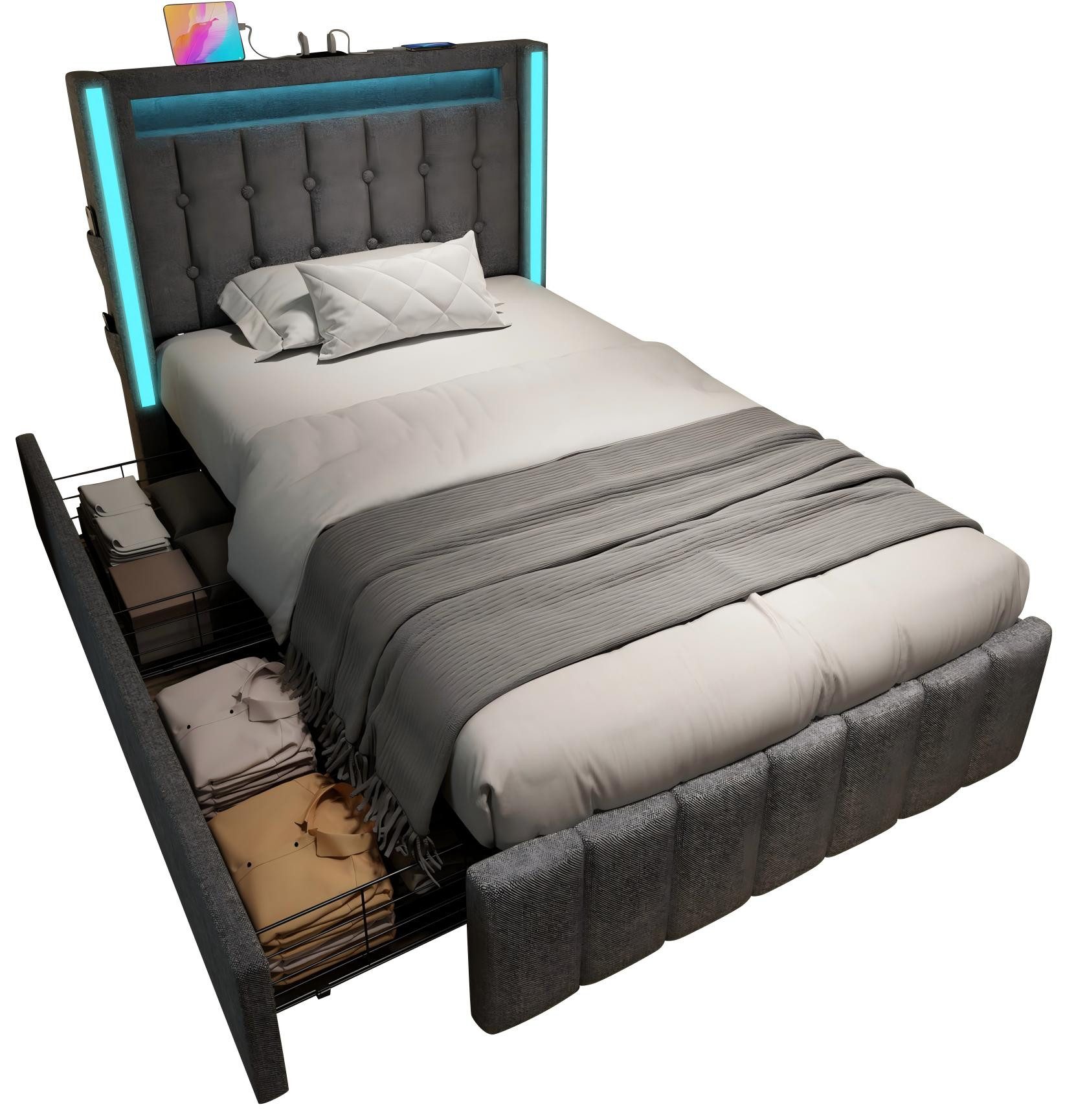 BlingBin Polsterbett Einzelbett Stauraumbetten (1-tlg., Einzelbett mit USB Typ C Ladefunktion LED-Beleuchtung), 2 Schubladen,APP-Kontrolle,90x200cm