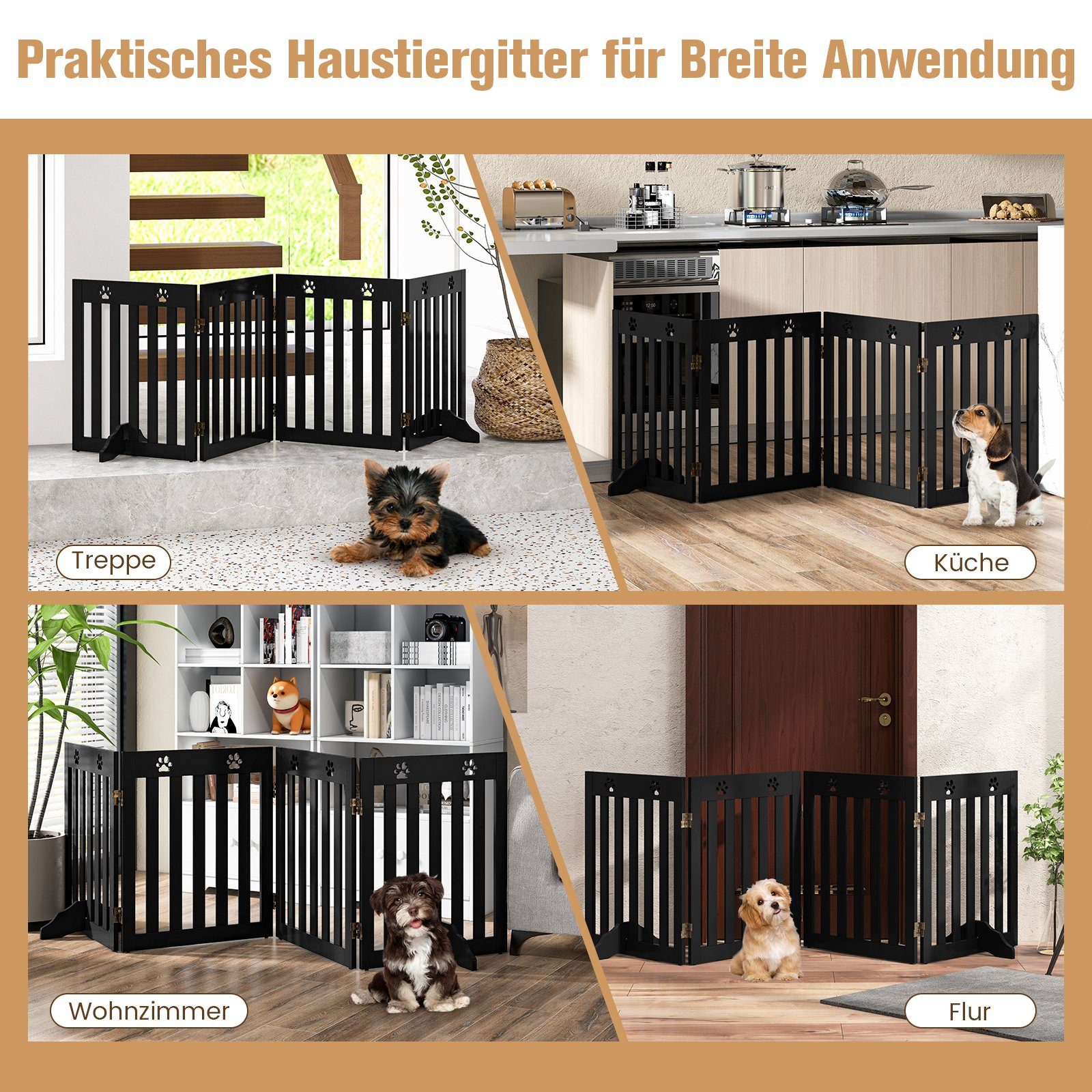 COSTWAY Türschutzgitter Hundegitter, klappbar, 60cm Hoch, 4 Paneelen