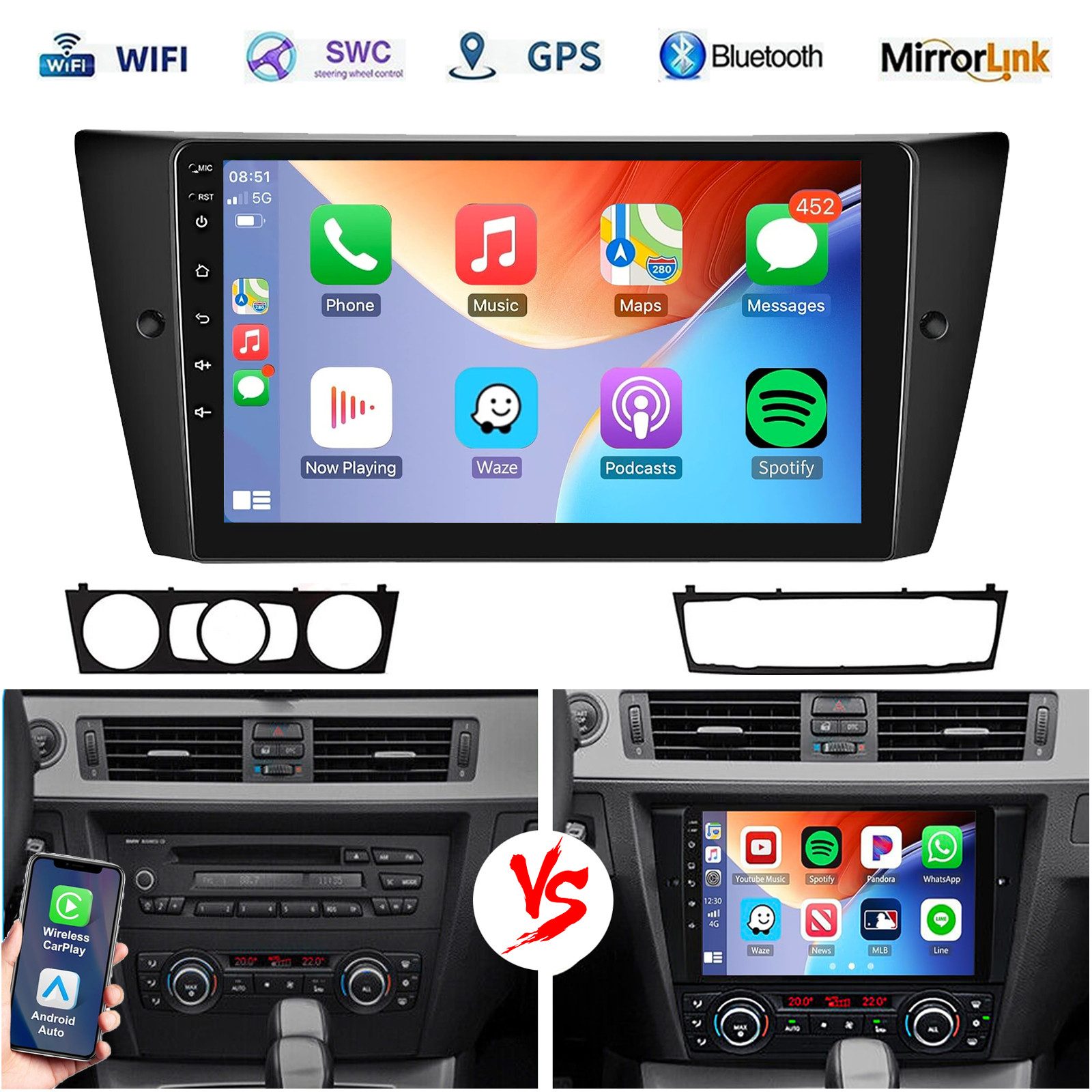 ESSGOO 9'' DAB+ Für BMW 3er E90 E91 E92 E93 Carplay Android15 GPS WIFI RDS BT Autoradio (RDS, 4+64GB(optional), Digitalradio (DAB), FM, …