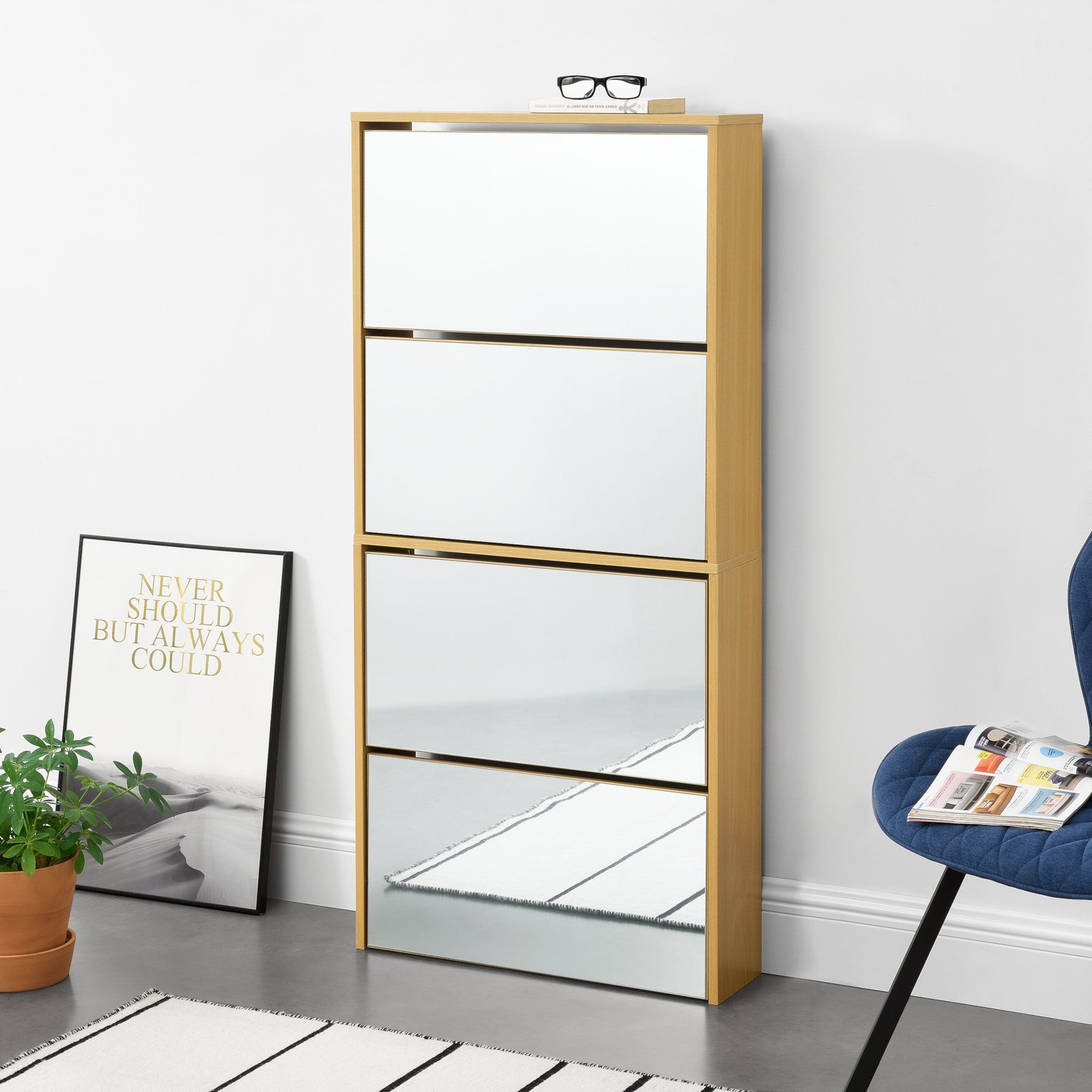 en.casa Schuhschrank »Vogar« mit 4 verspiegelten Türen 134x63x17 cm Eichenoptik