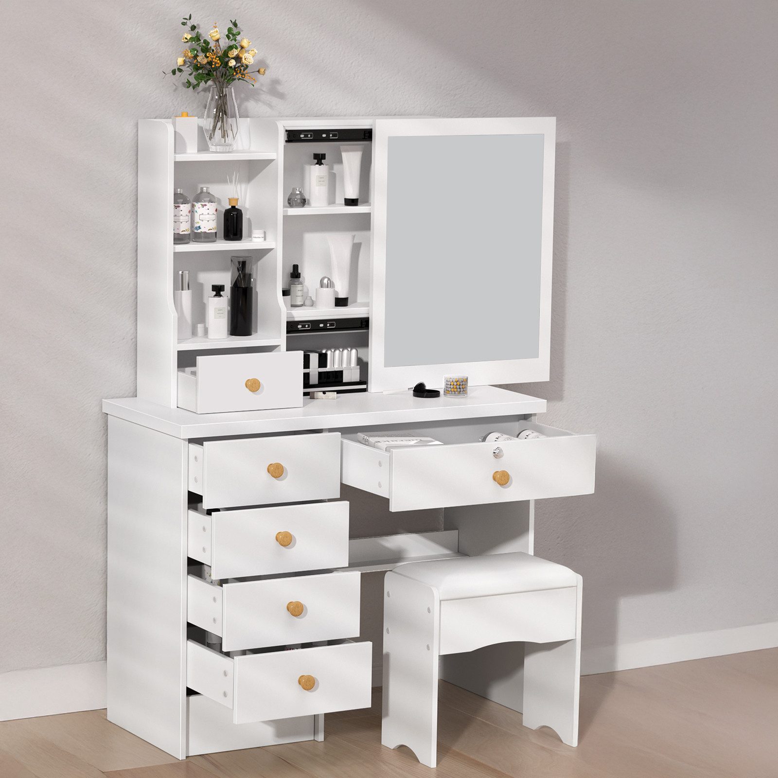 Rutaqian Schminktisch Frisiertisch mit Spiegel,6 Schubladen,3 offenes Regal,1 Hocker,Modern (Set, 1-St., 1 Tisch mit 1 Hocker), Kleiner Kosmetiktisch mit Stuhl,Schiebespiegel, für das Schlafzimmer