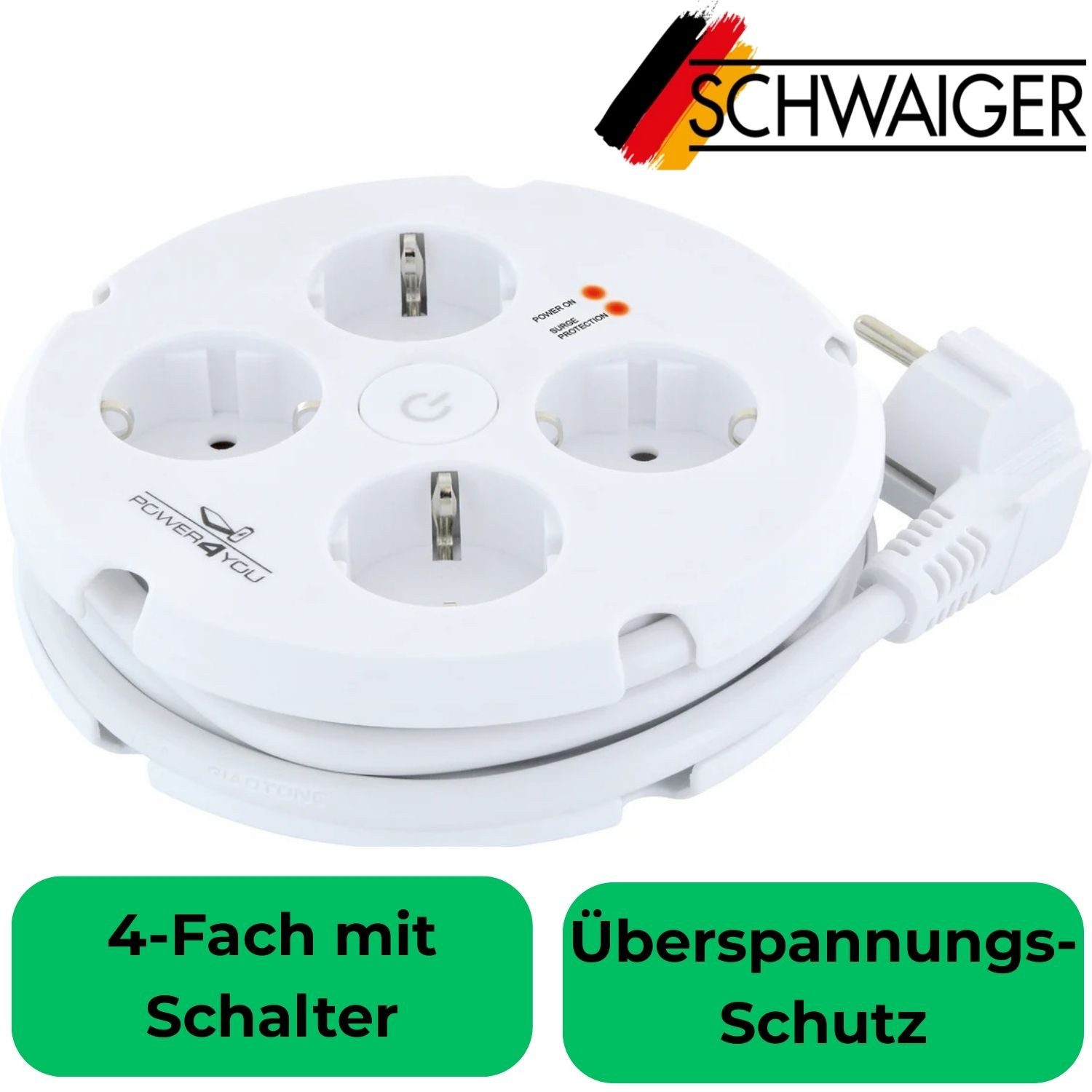 Schwaiger Mehrfachstecker 4-Fach mit Schalter 1,5m Rund Steckdosenleiste 4-fach (Überspannungsschutz, Kabellänge 1.5 m), Kabeltrommel Überspannungsschutz Schalt – Bild 3 von 4