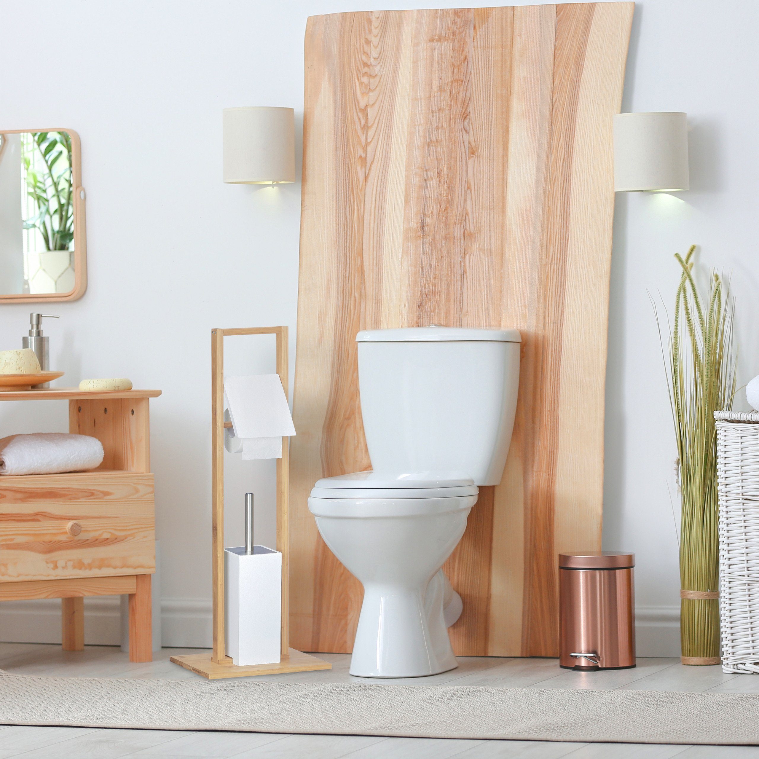 relaxdays Toilettenpapierhalter Garnitur Stand WC aus Bambus