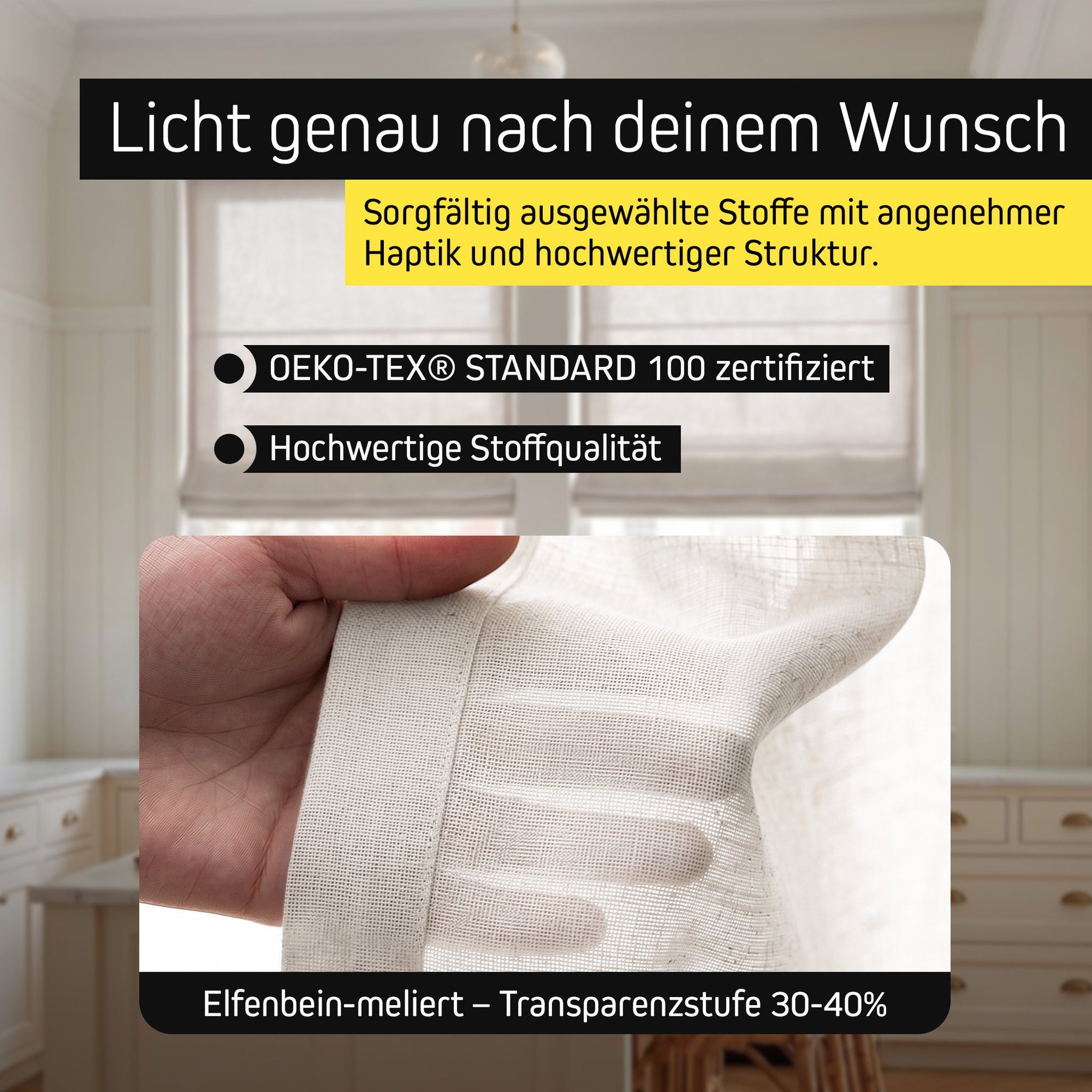 Victoria M. Raffrollo Ivora Premium Raffrollo 40x130cm Elfenbein-Meliert mit Bohren, mit Faltenband, mit Bohren, freihängend, Abnehmbarer Stoff mit OEKO-TEX® Ze – Bild 5 von 5