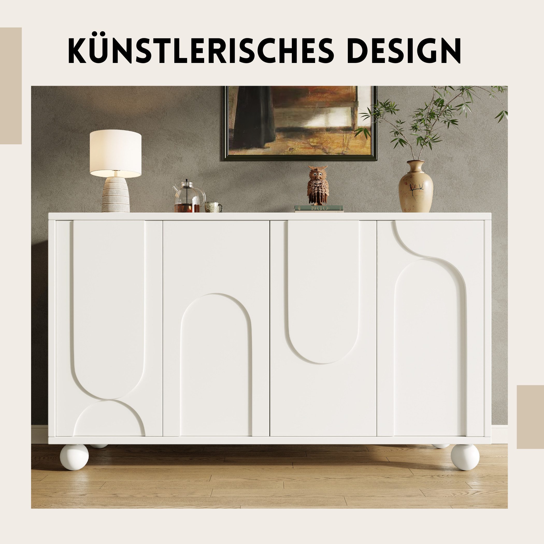 SeedWave Sideboard Allzweckschrank Grifflose Kommode Stauschrank mit Bogenförmigem Design, Verstellbare Einlegenböden, Rückprallstellsetzung, Kugelfüßen