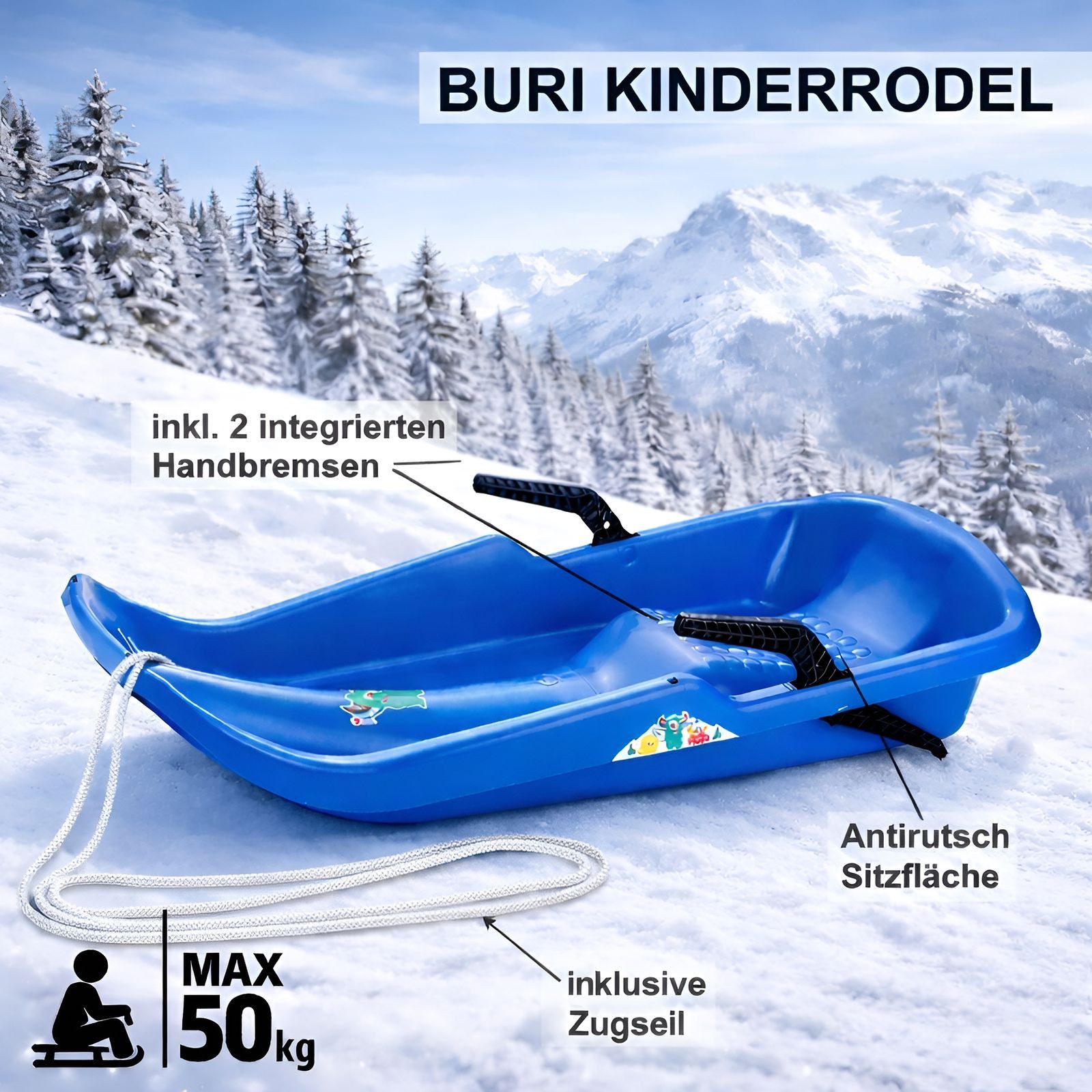 BURI Schlitten Schlitten Twister Race Rodel Kinderschlitten mit Bremsen Blau
