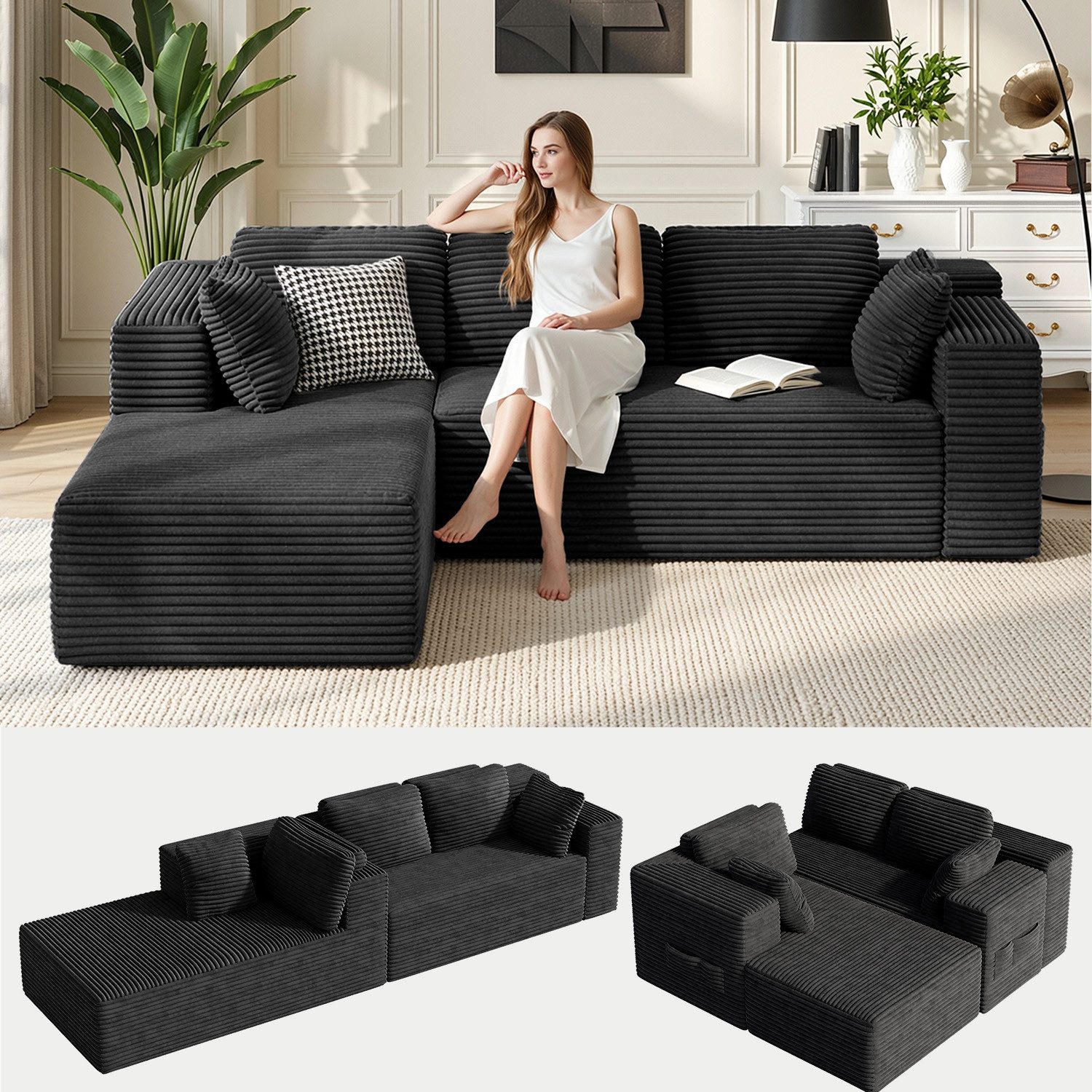 Blishom Ecksofa Cord L-förmige Wohnlandschaft mit Chaiselongue, Modulares Sofa, Relax-Ecksofa mit Seitentasche 250 × 160 × 61 cm