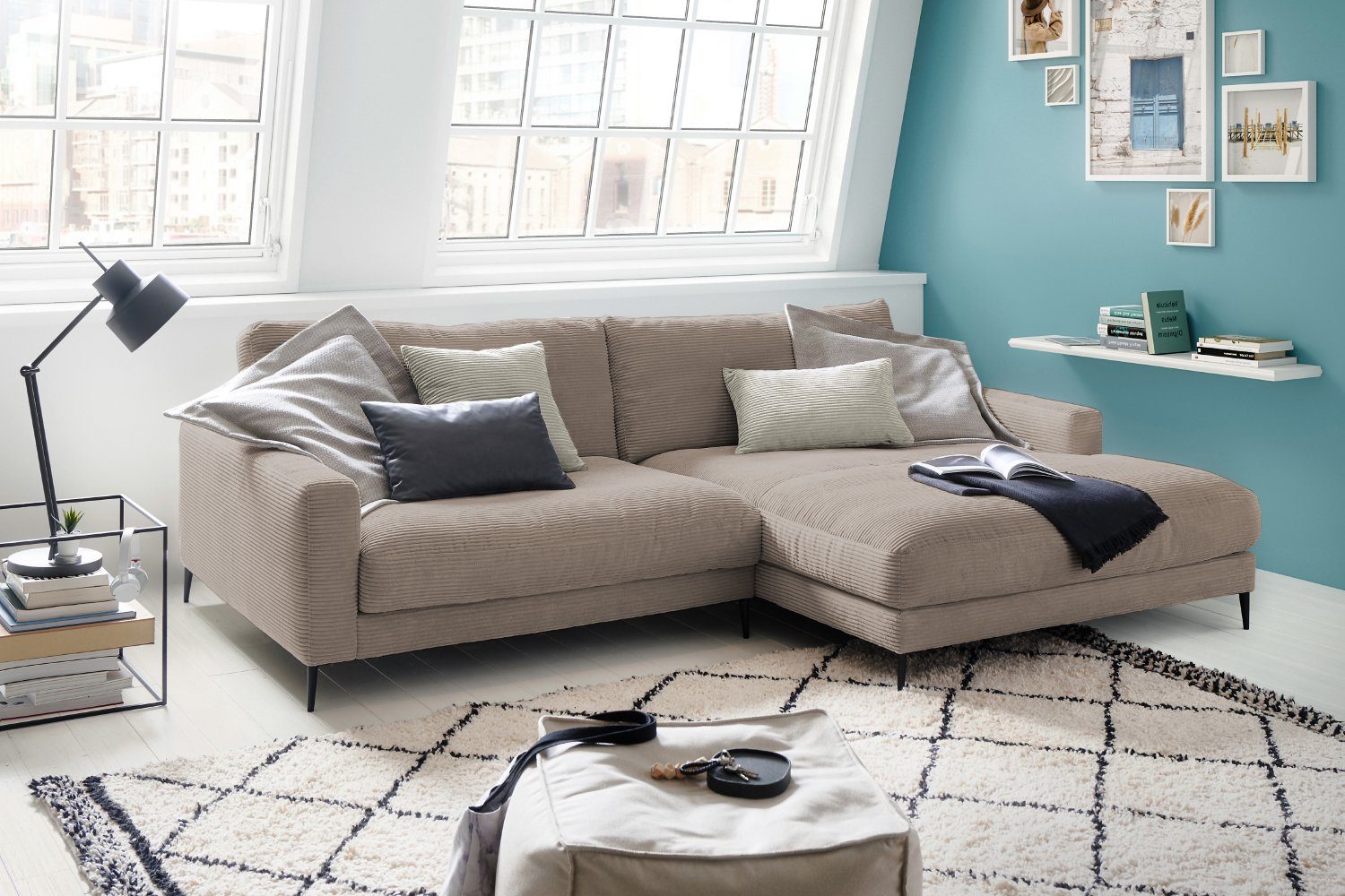 KAWOLA Ecksofa CARA, Sofa Cord, Recamiere links od. rechts, versch. Farben taupe | Ecksofas