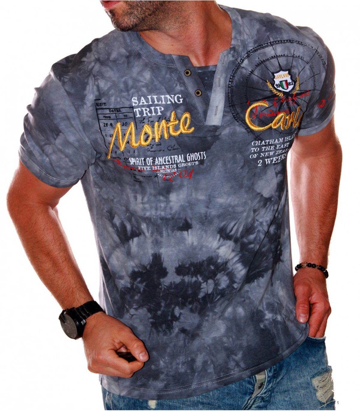 T-Shirt Grau V-Kragen Freizeit Sommer (2276) Shirt Kurzarm Jaylvis