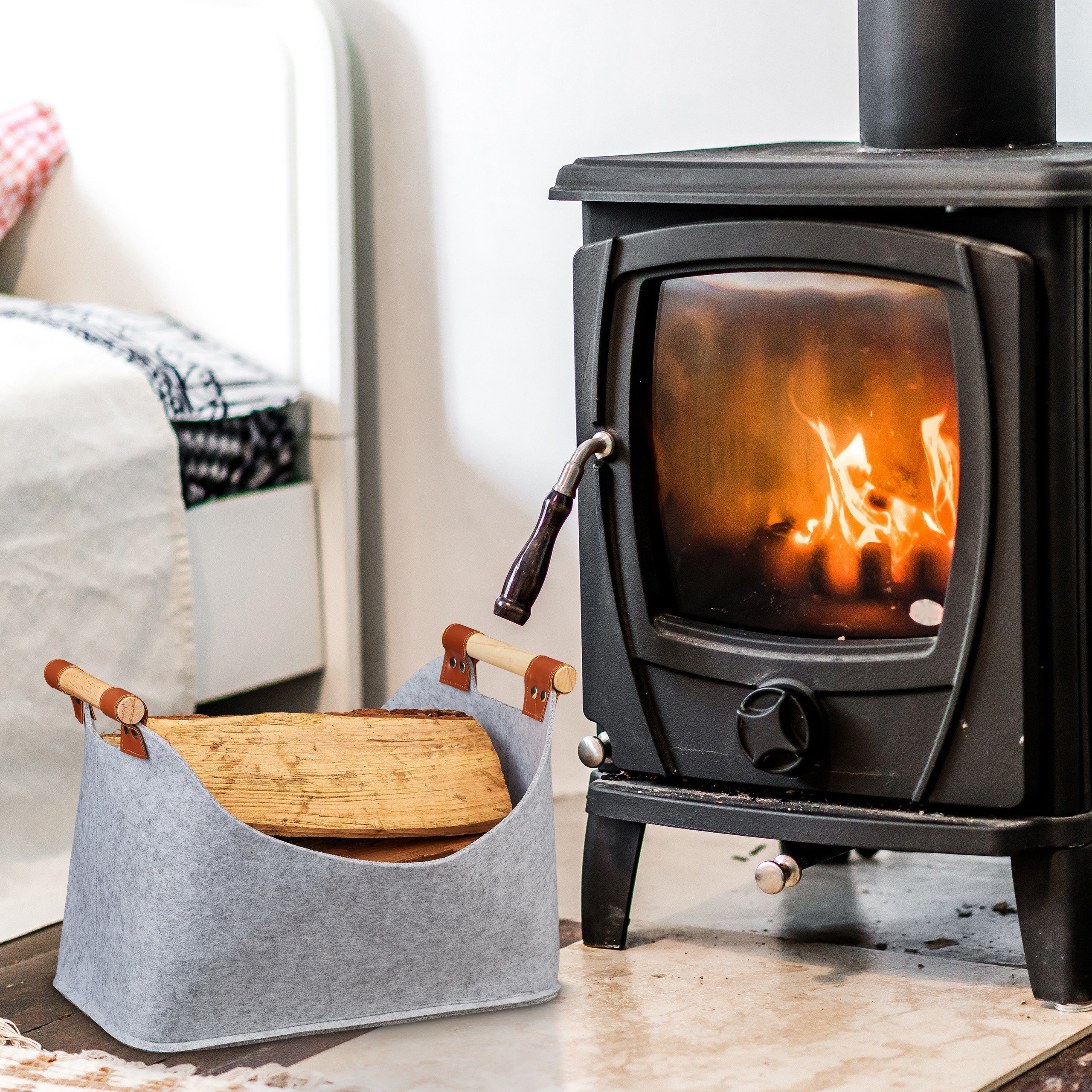relaxdays Aufbewahrungskorb Filztasche mit Holzgriffen, hellgrau günstig online kaufen