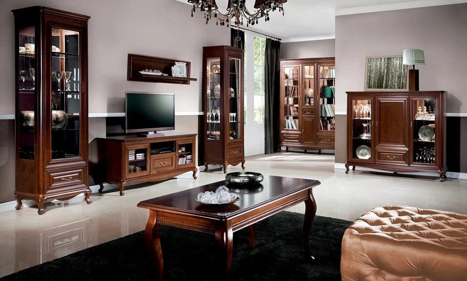 Wohnzimmer-Set Klassische Wohnwand mit Vitrinen und Kommode in Holzoptik