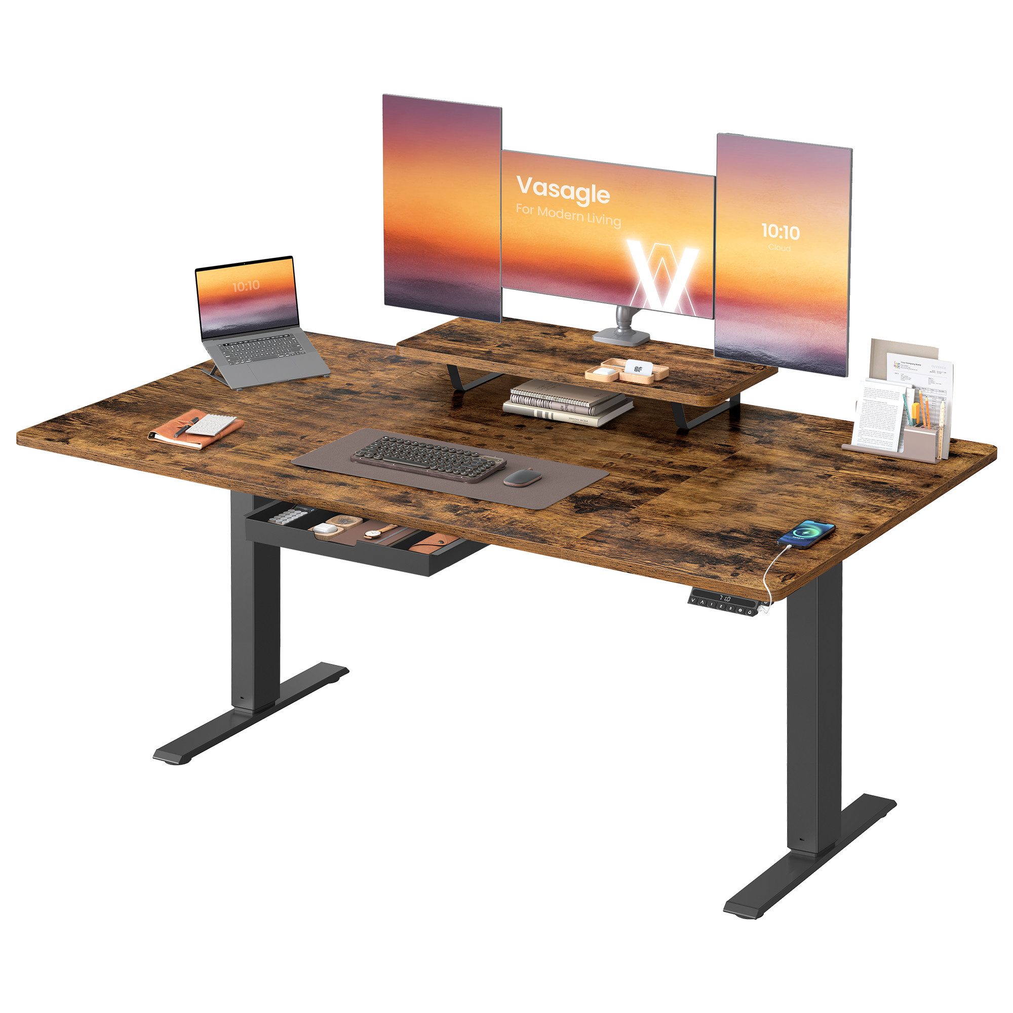 VASAGLE Schreibtisch Höhenverstellbarer, flexibel montierbarer Monitorständer, Schublade, USB-C-Anschluss, Erinnerung bei langem Sitzen
