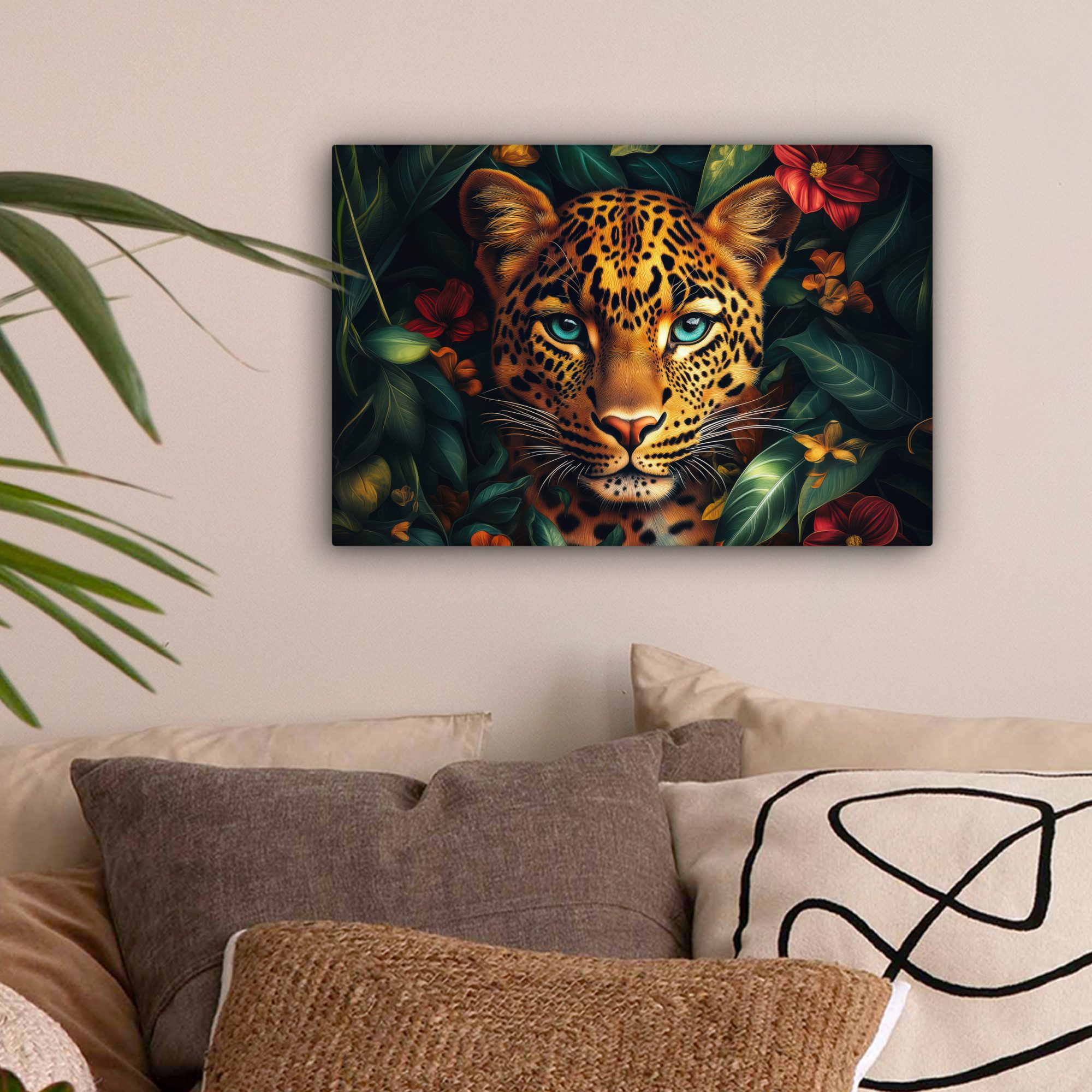 OneMillionCanvasses® Leinwandbild Leopard - Natur - Blumen - Dschungel, Fot günstig online kaufen