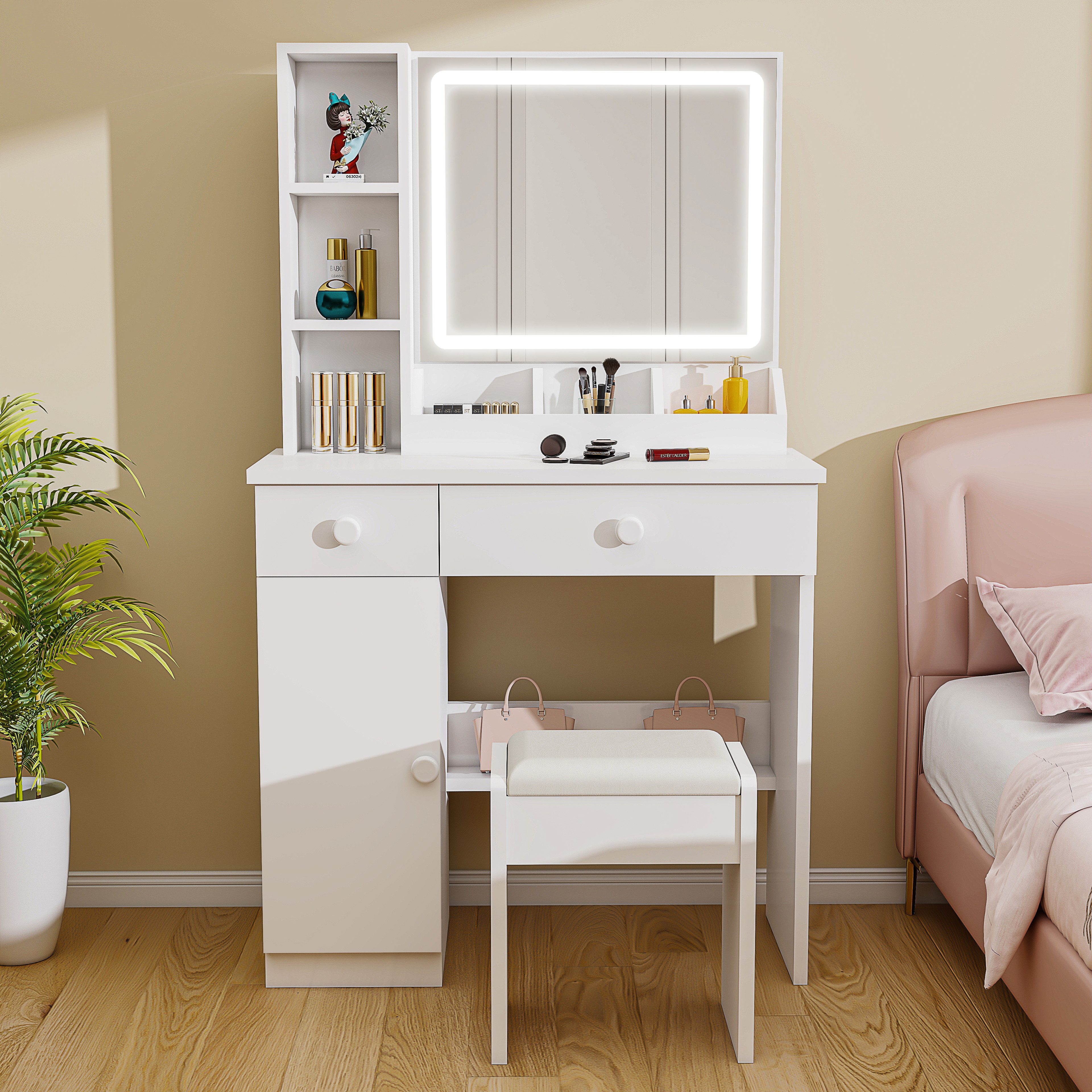 oyajia Schminktisch Frisiertisch, Kosmetiktisch, 2 Schublade und offene Ablagen (Mit 3 Staufächern), Dimmbare Beleuchtung (3 Farbmodi), Für Schlafzimmer Modernes Weiß