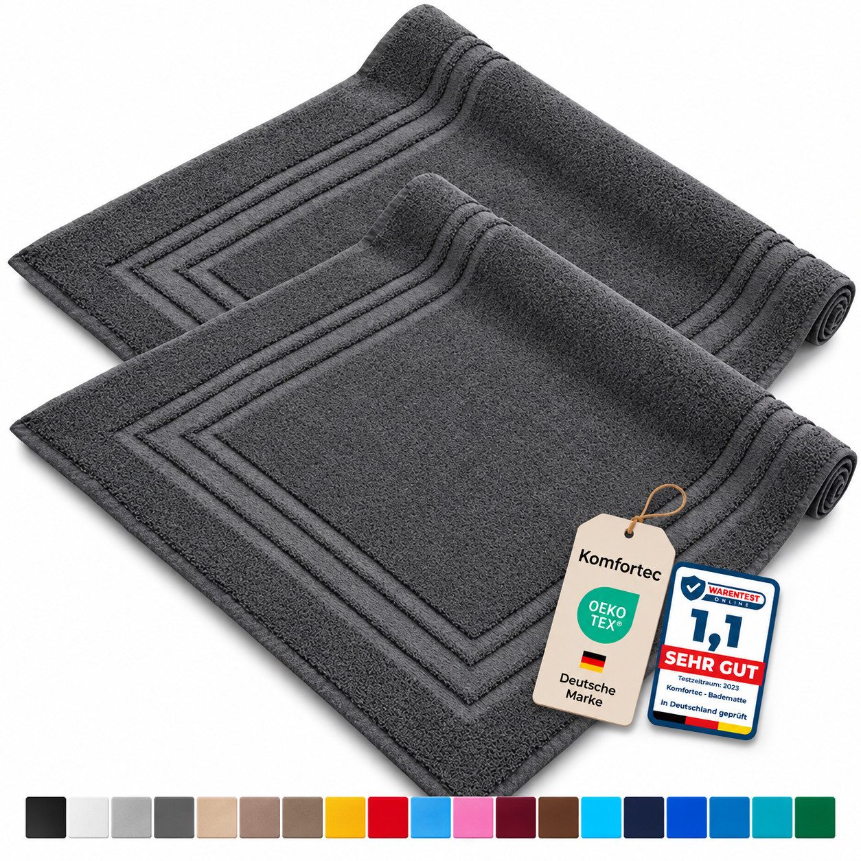 Komfortec Badematte 2er Badetuch Set aus 100% Baumwolle 50x70 cm Extra Weich & Saugstark, Rechteckig, 600 g/m² von Komfortec