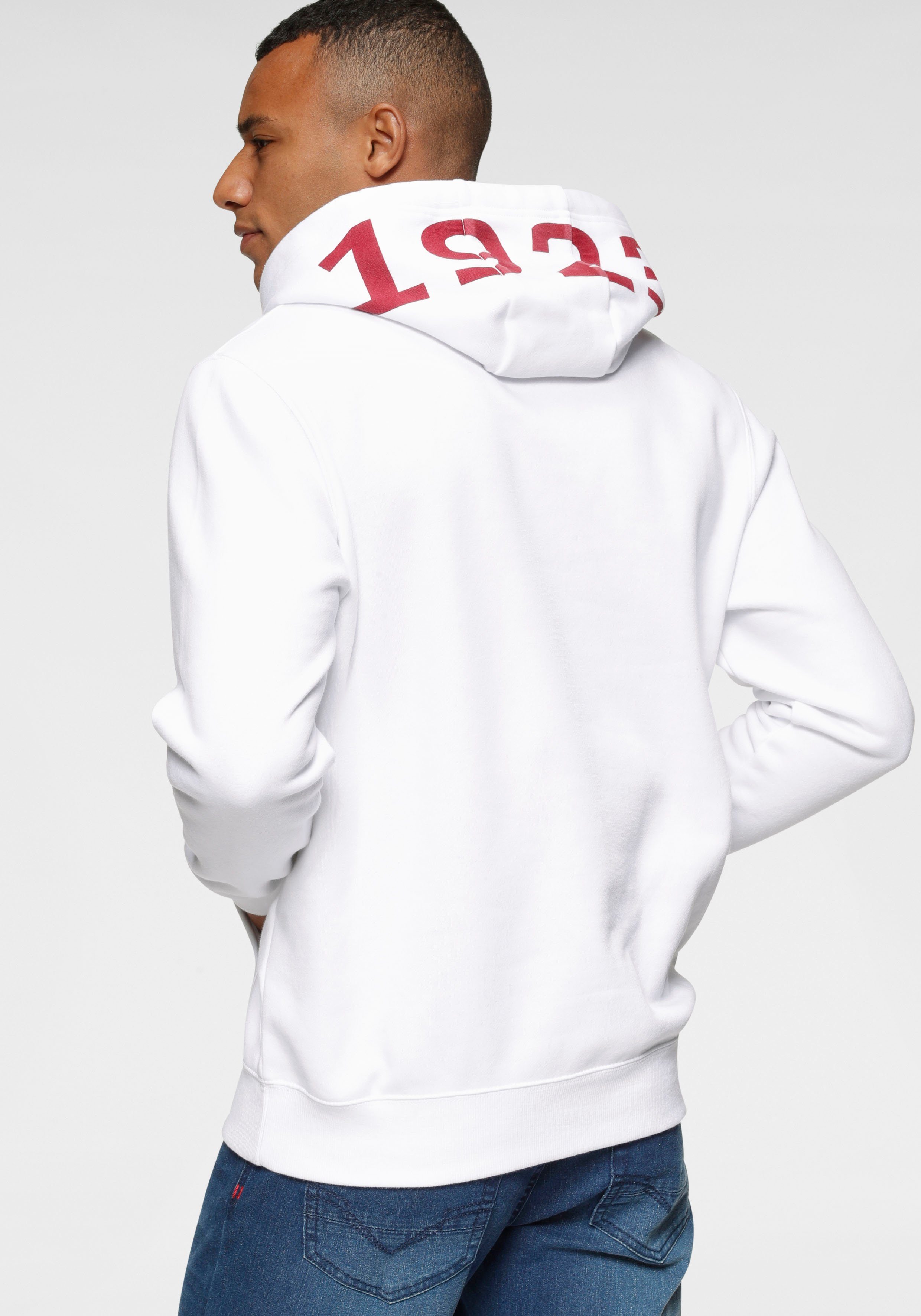 H.I.S Kapuzensweatshirt mit Zahlenprint an weiß der Kapuze