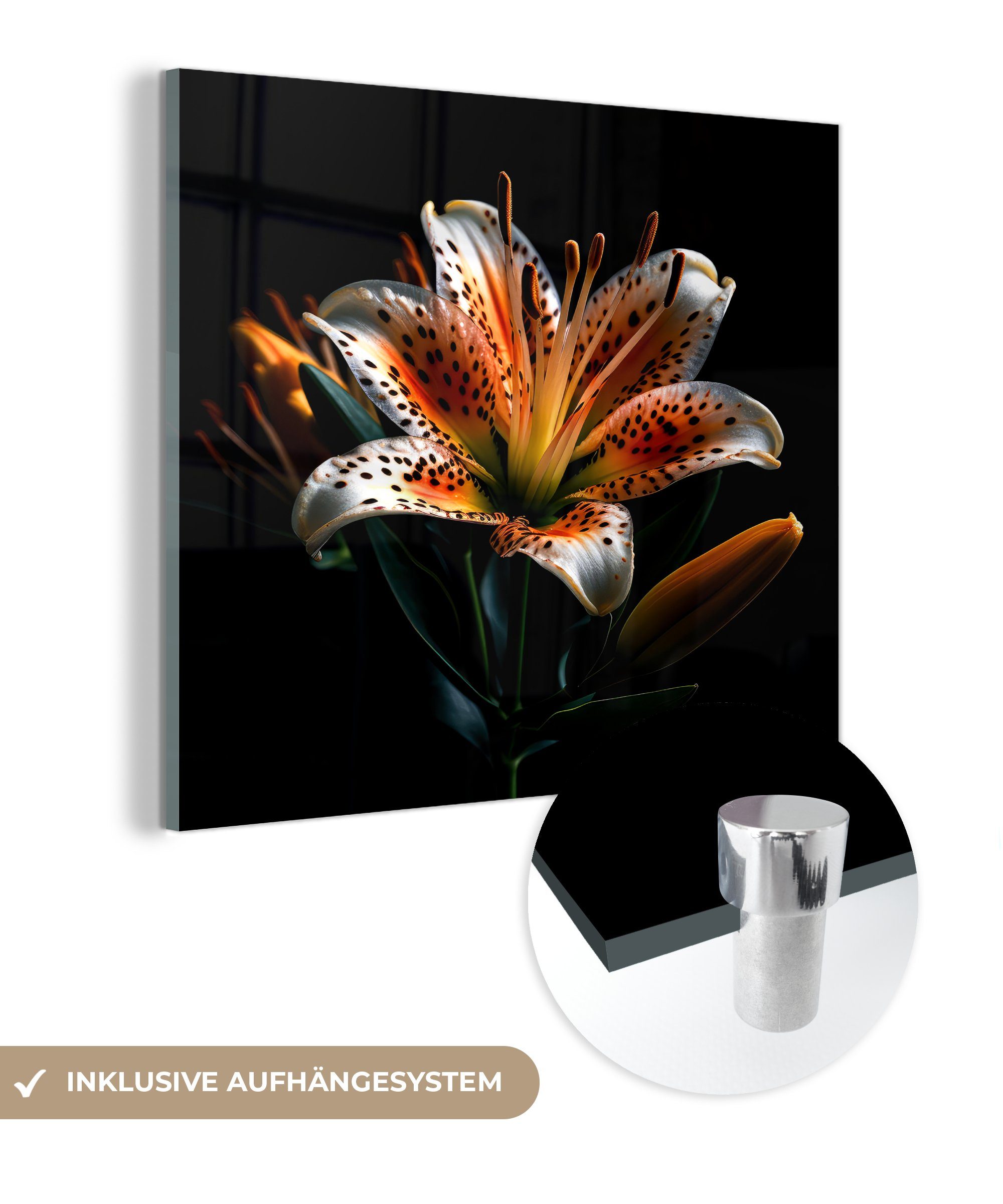 MuchoWow Acrylglasbild - Glas - Glas Wandbild (1 St), Bilder auf Porträt Foto - Wanddekoration Glasbilder - Orange - auf Schwarz, Blumen - - Lilie