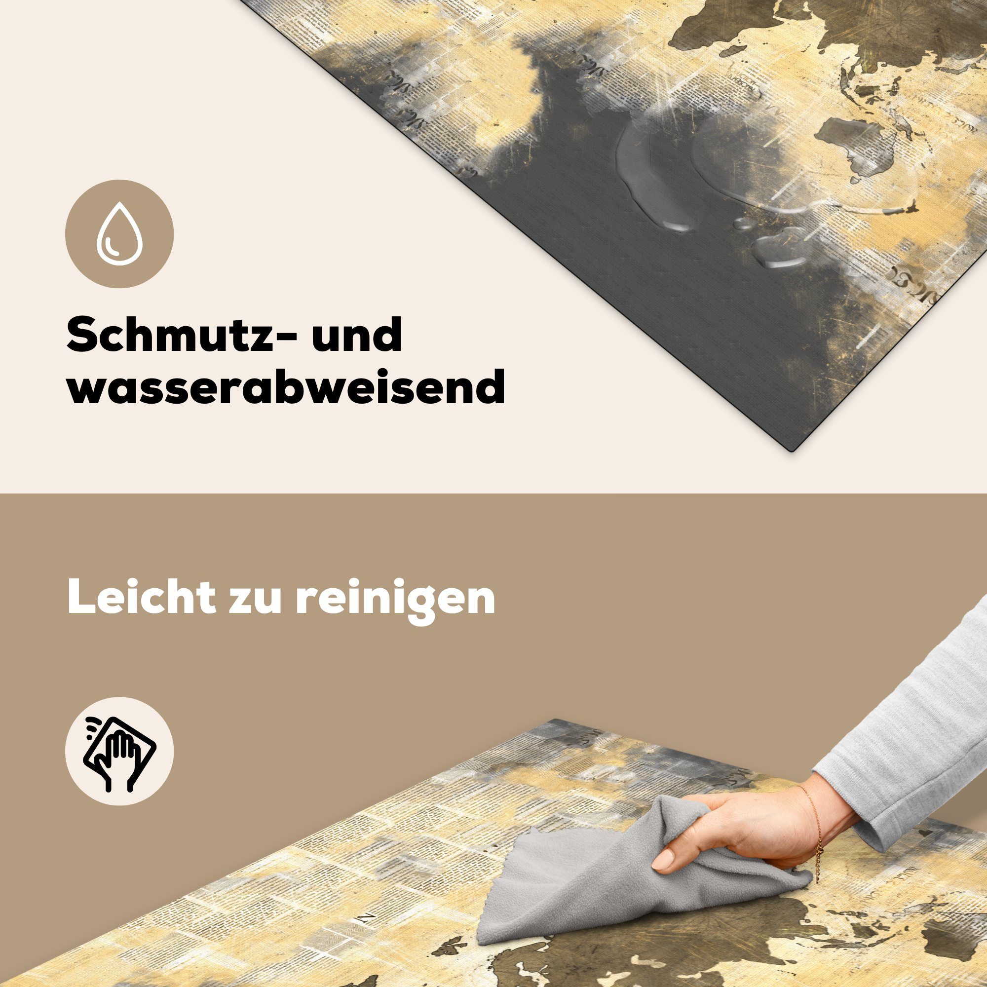 Zeitungen, 78x78 Vinyl, tlg), Zusammenfassung Weltkarte küche - für Herdblende-/Abdeckplatte Arbeitsplatte - cm, (1 Ceranfeldabdeckung, MuchoWow