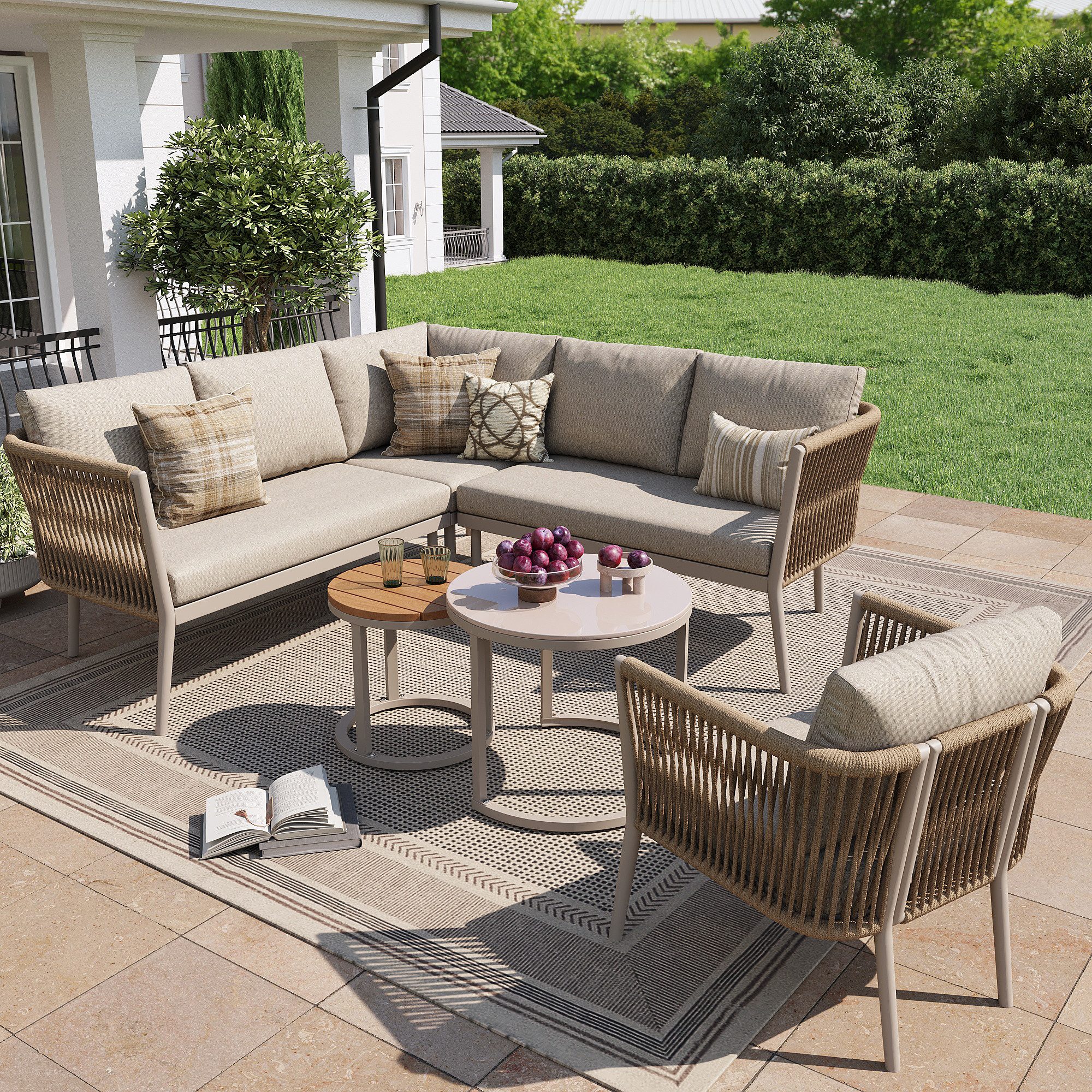 MODFU Gartenlounge-Set Großes Outdoor Sofa Set, (mit wasserfester Sitzbank und Kissenset, Modulares Ecksofa Set für Terrasse Balkon, 1-tlg., Sofa 114,5×61×67, Sessel 53×53×75, Eck 61×61,5×67, Tische 41,5/58 cm)