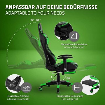 ML-DESIGN Gaming-Stuhl Bürostuhl mit Fußstütze und Armlehne Kunstleder Hohe Rückenlehne, Drehstuhl Schwarz-Grün ergonomisch mit Kopfstütze verstellbar