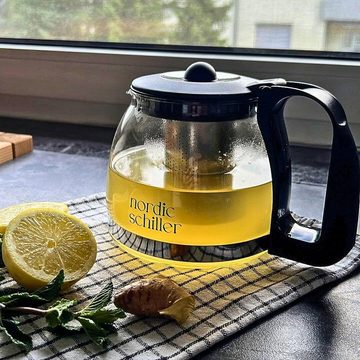 Nordic Schiller Teekanne Premium Teekanne Glas, Hitzebeständig Glaskanne mit Siebeinsatz, 1.25 l, Hitzebeständig Glaskanne mit Deckel, geeignet für Spülmaschine