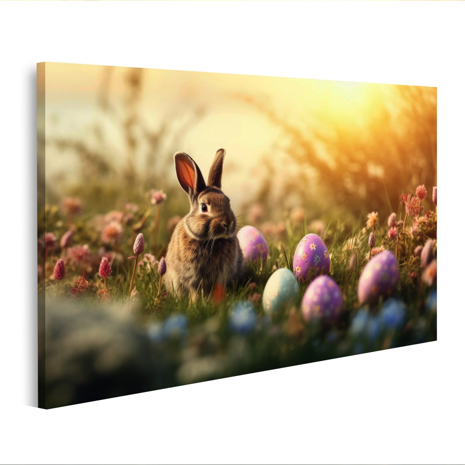 islandburner Leinwandbild Niedlicher Hase mit bunten Ostereiern im Frühling - Edition E1
