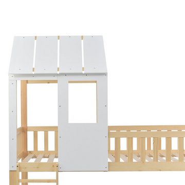 XDeer Etagenbett Etagenbett mit rechtwinkliger Leiter und Rutsche Hausbett Dach, Kinderbett Fallschutz Gitter Rahmen Kiefer Natur+Weiß 90x200cm