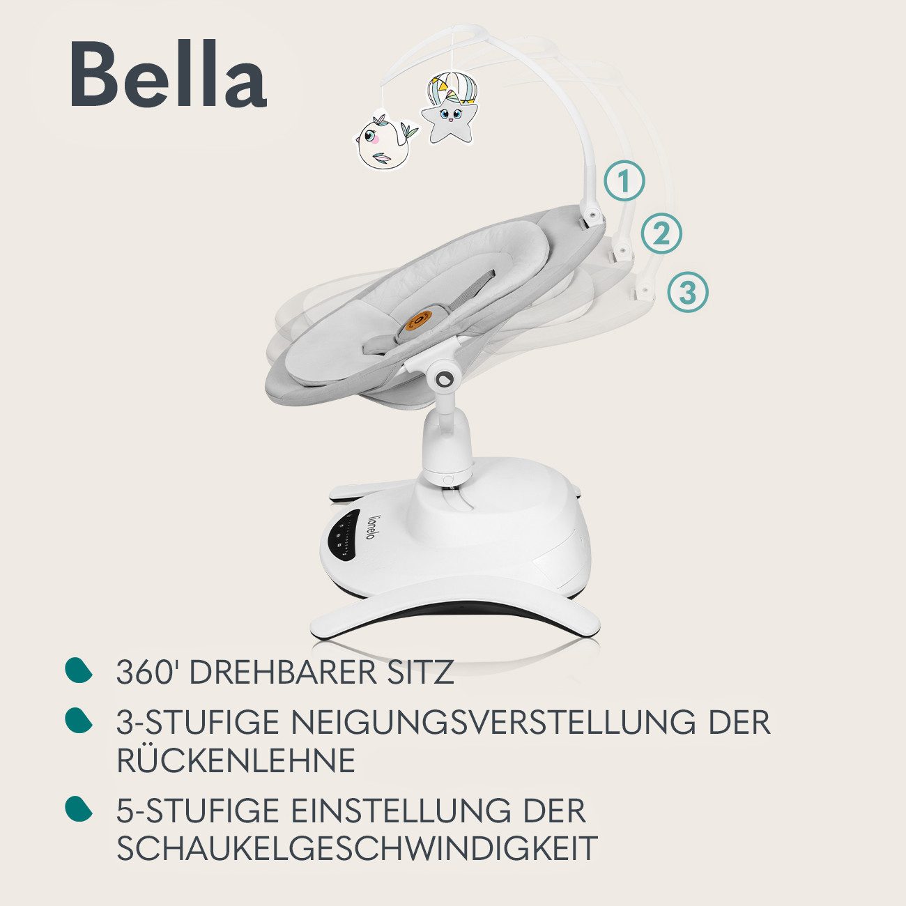 lionelo Babywippe Bella und Bella Set, 360' drehbarer Sitz, 12 beruhigende Melodien mit Lautstärkeregelung